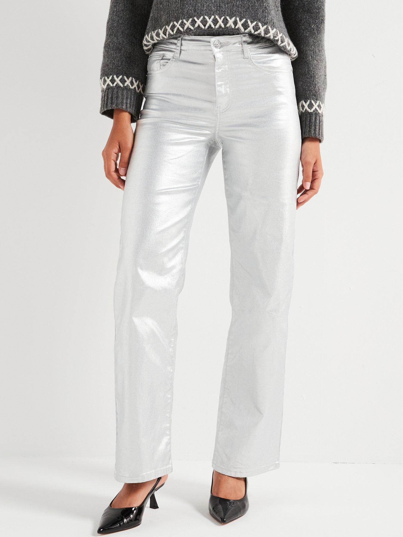 undefined Metallic Coated Straight Leg Jeans - Silver