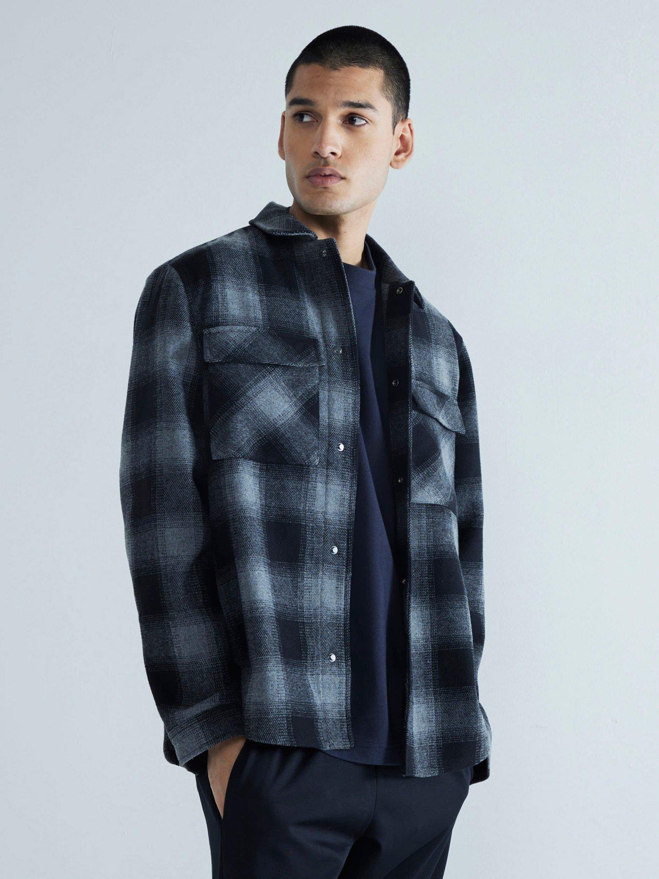  image of river-island-check-curved-hem-overshirt-grey