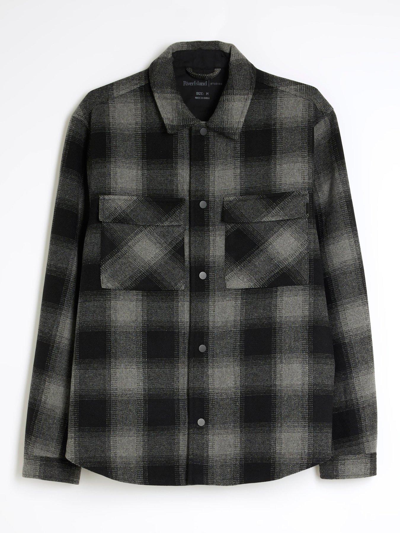  image of river-island-check-curved-hem-overshirt-grey