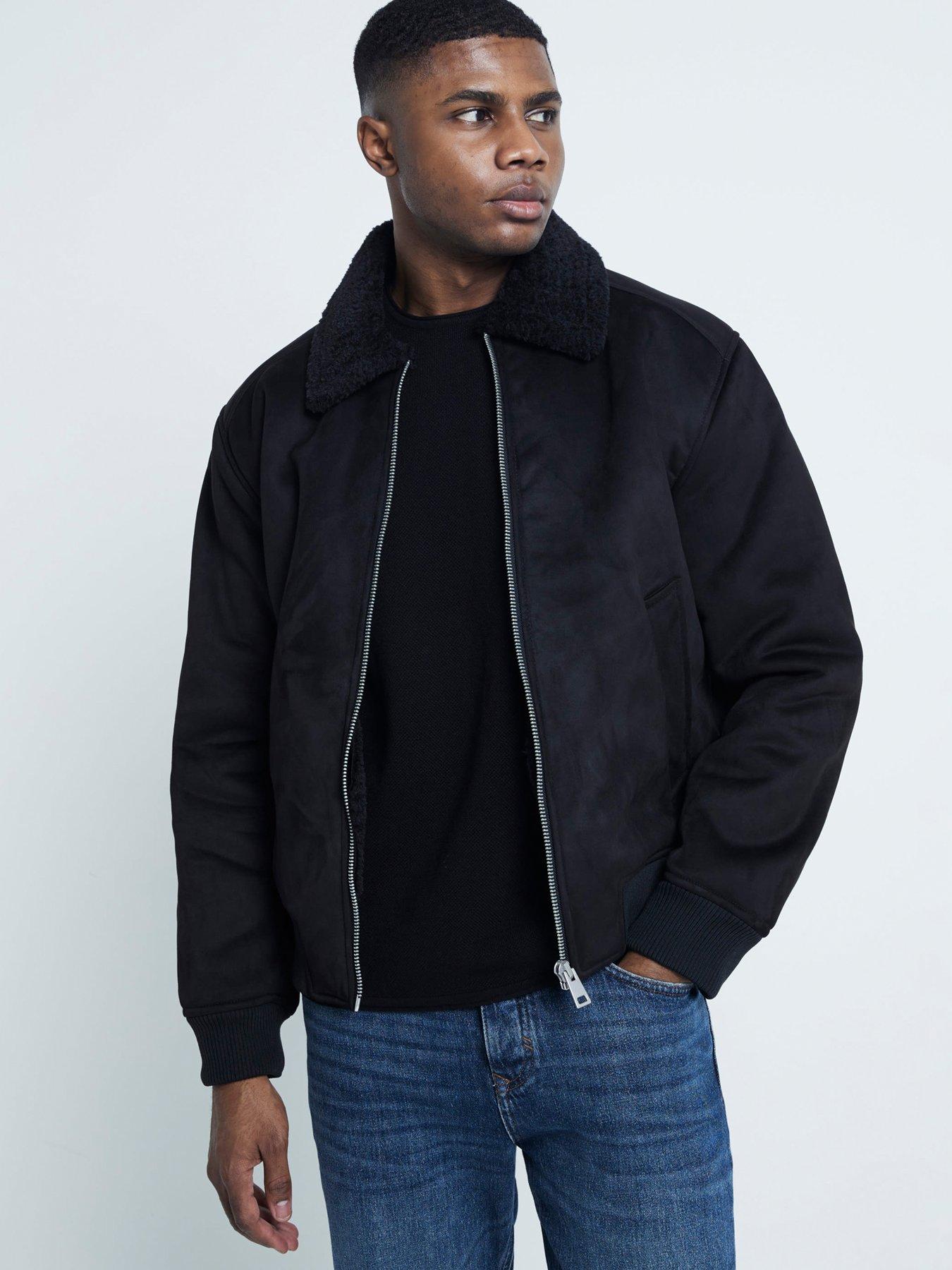 River Island Shearling Collar Bomber Jacket Black littlewoods