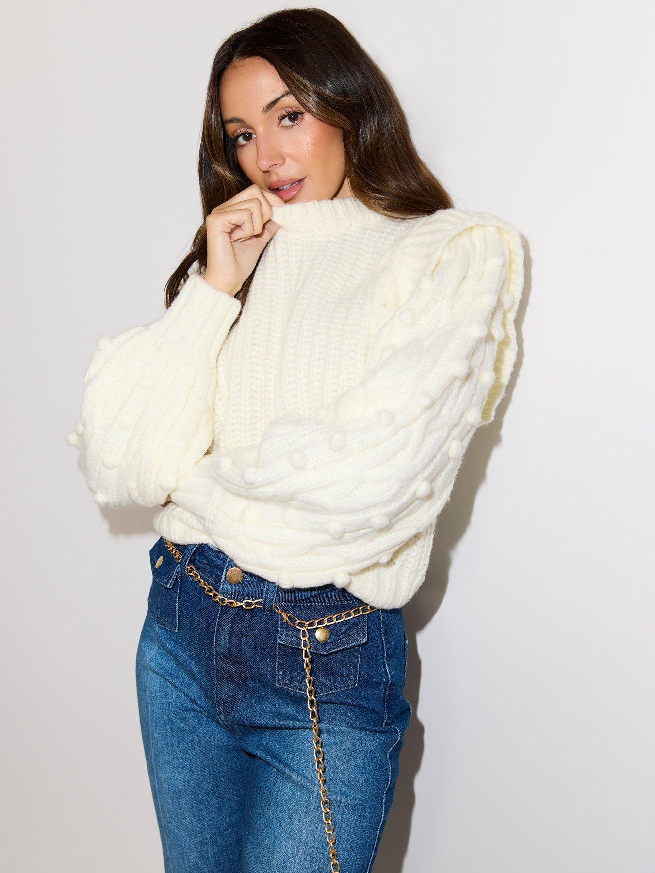 Michelle Keegan Chunky Knitted Bobble Sleeve Jumper Cream littlewoods