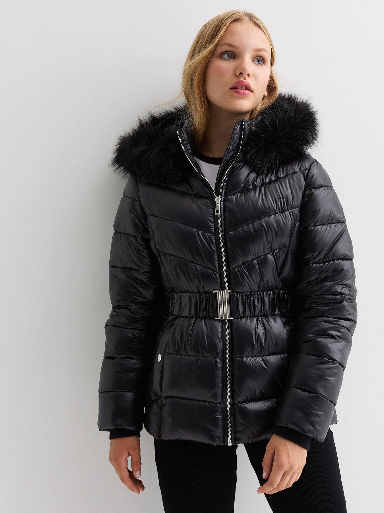 Girls black coat fur hood clearance