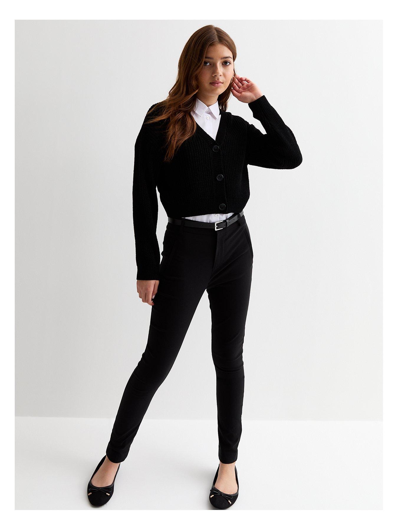 New Look 915 Girls Black Stretch Belted Skinny School Trousers