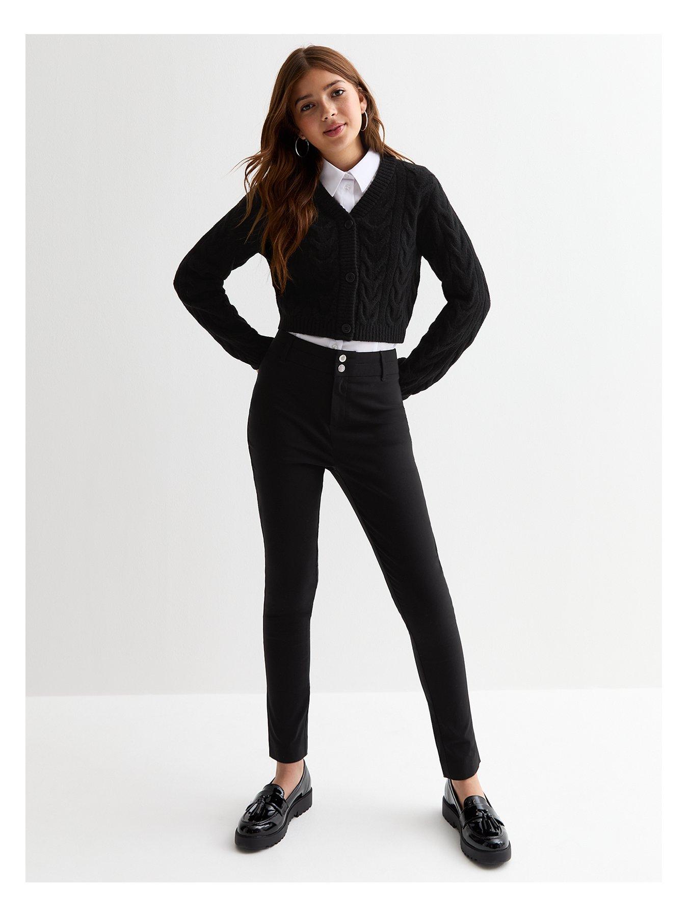new-look-915-girls-black-popper-front-skinny-school-trousers