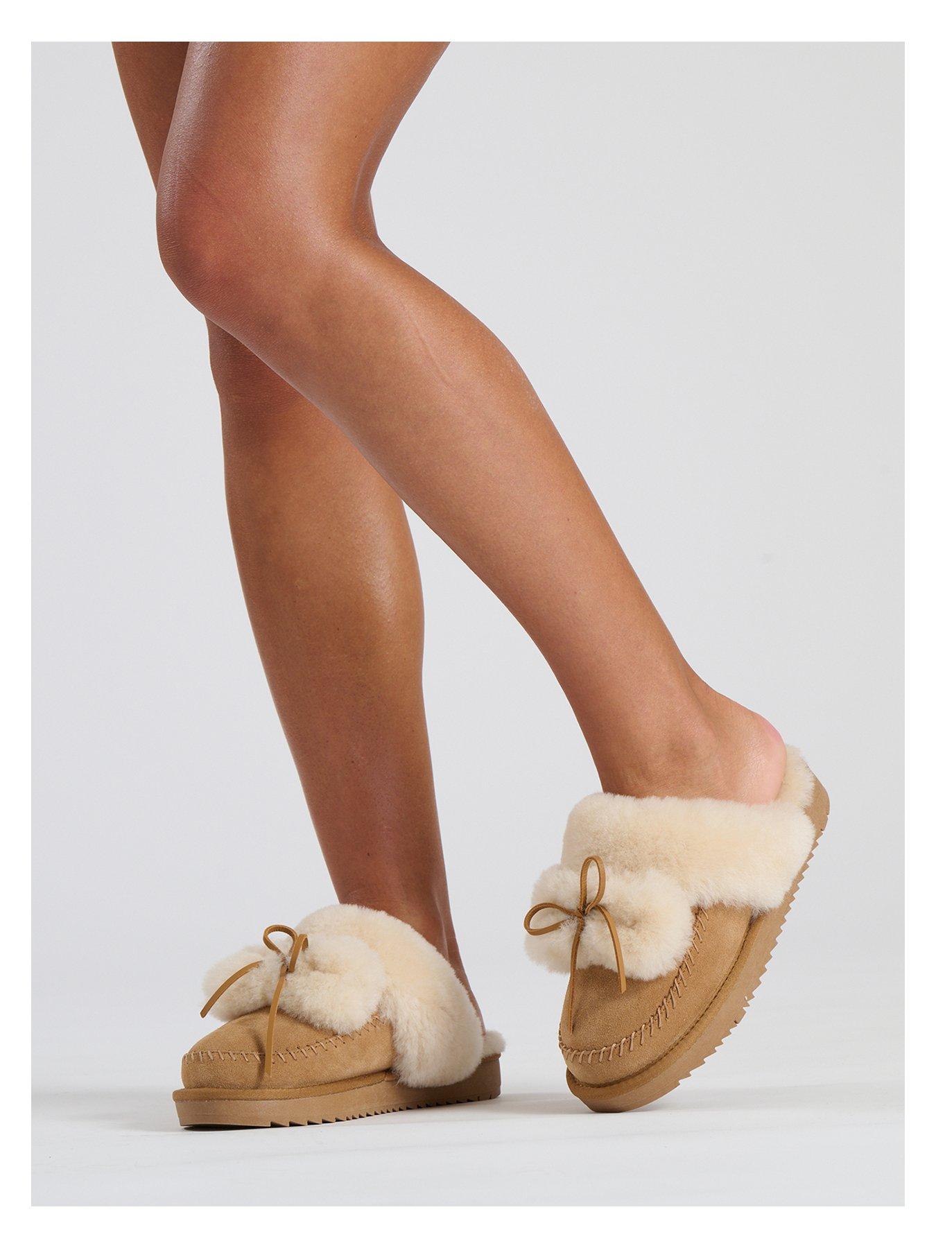 Loungeable Boxed Cosy Real Sheepskin Mule Slippers With Fur Poms