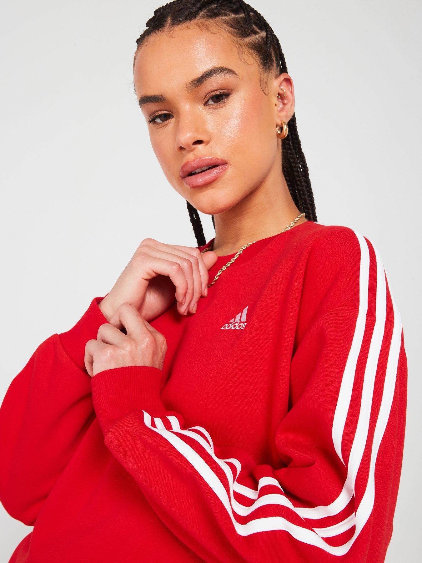  image of adidas-sportswear-womens-3-stripe-fleece-oversized-crew-sweat-red