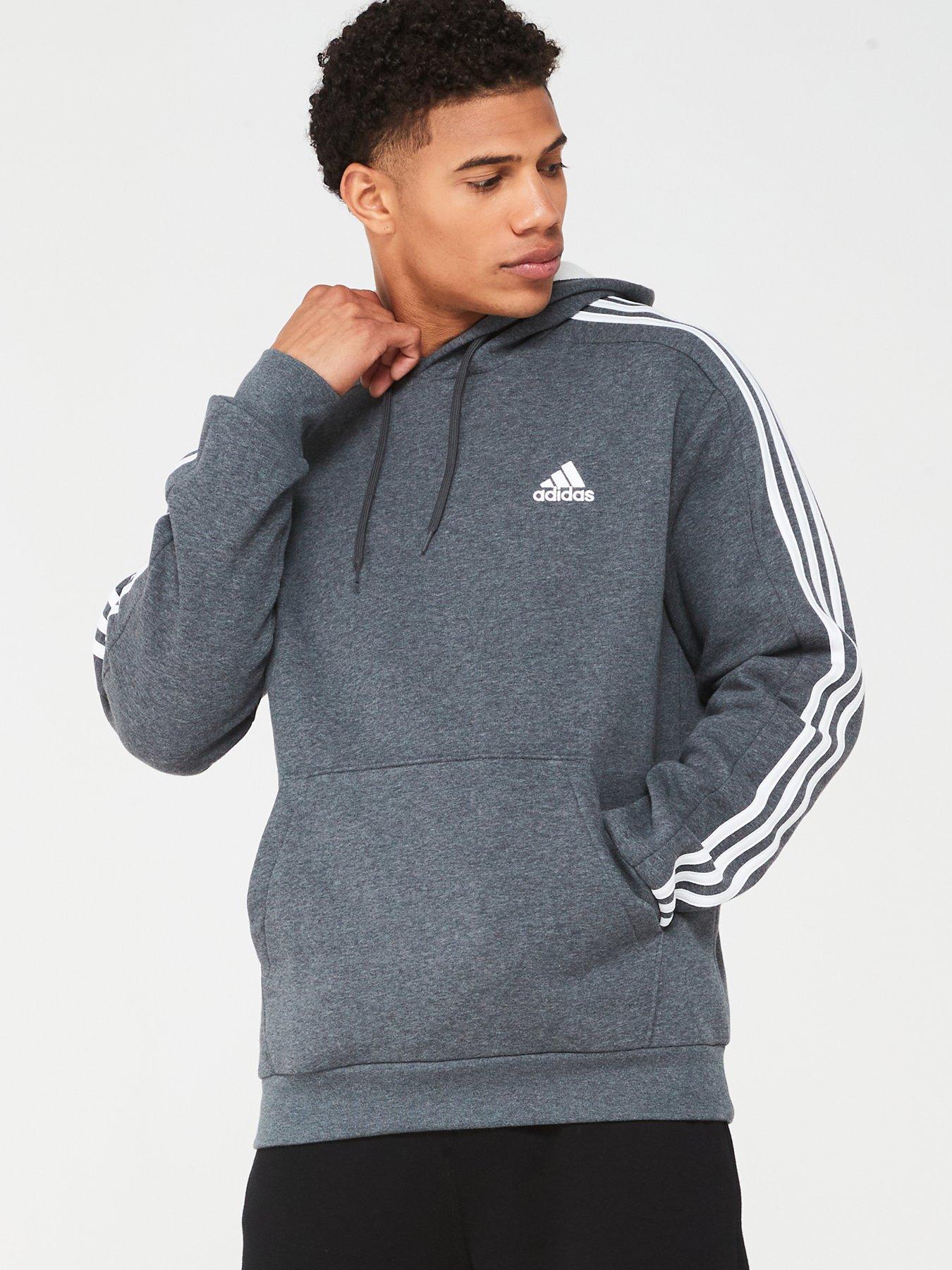 adidas Sportswear Men s 3 Stripe Fleece Hoodie Dark Grey littlewoods