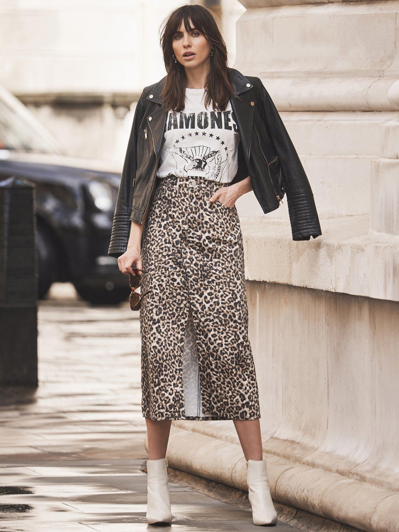 Leopard denim midi skirt best sale