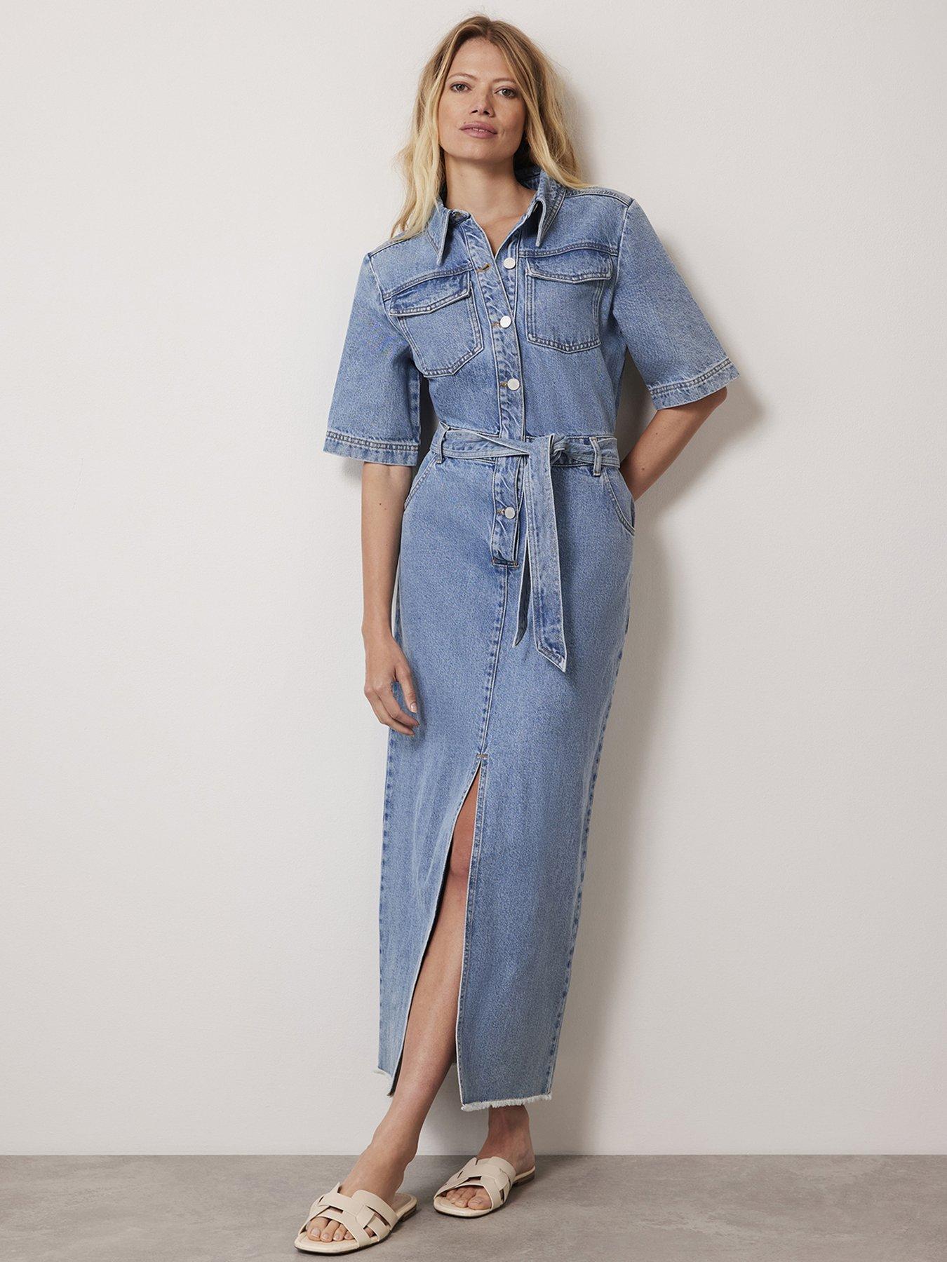 undefined Belted Denim Midi Dress - Blue