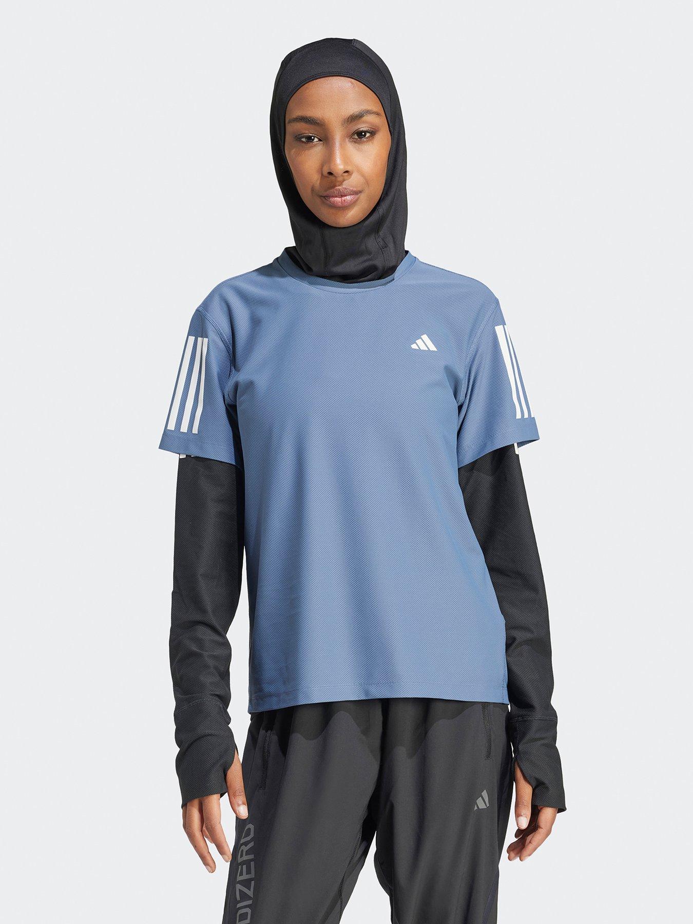 front image of adidas-womens-running-own-the-run-t-shirt-navy