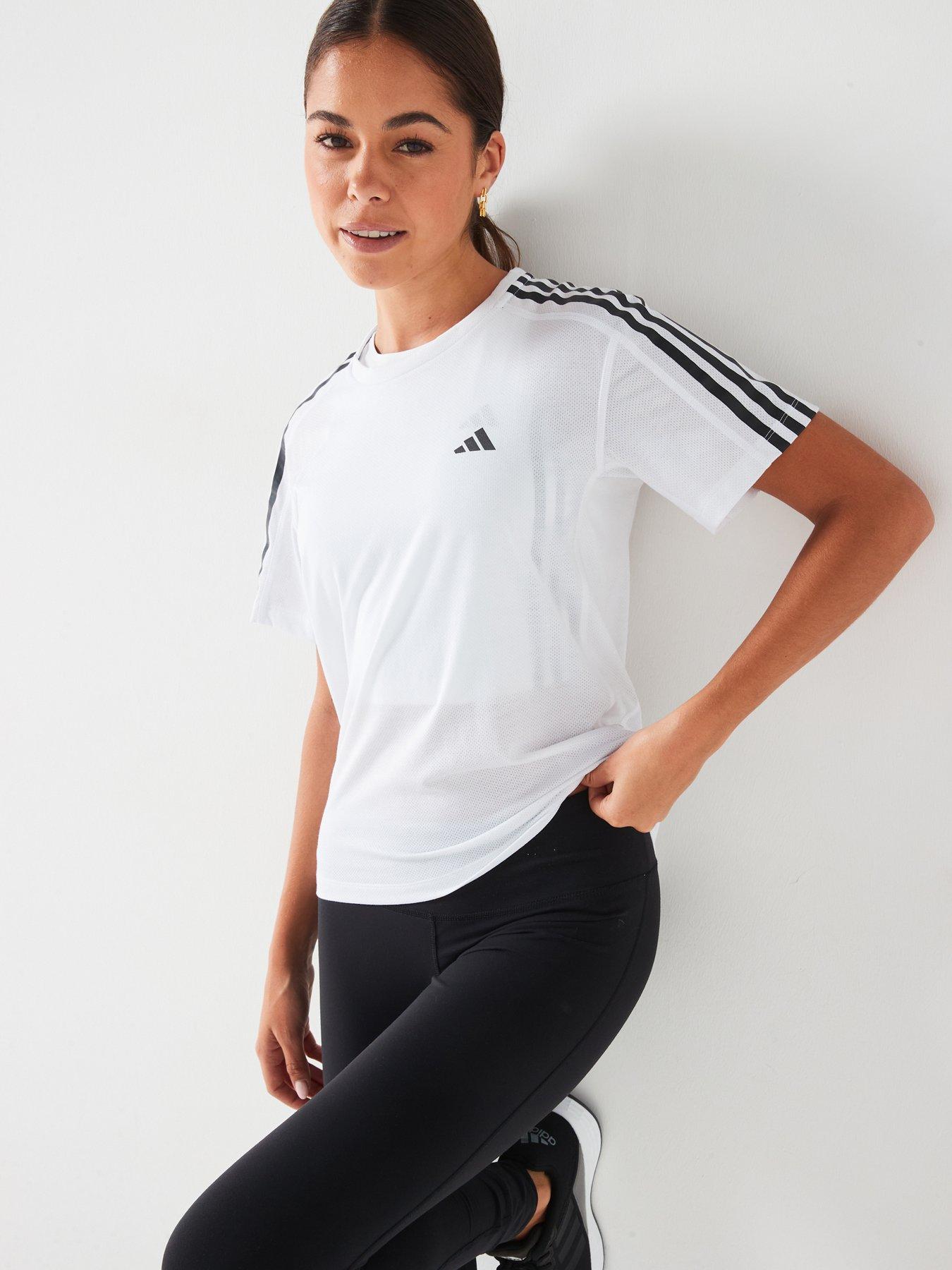 front image of adidas-womens-running-own-the-run-e-3-stripe-t-shirt-white