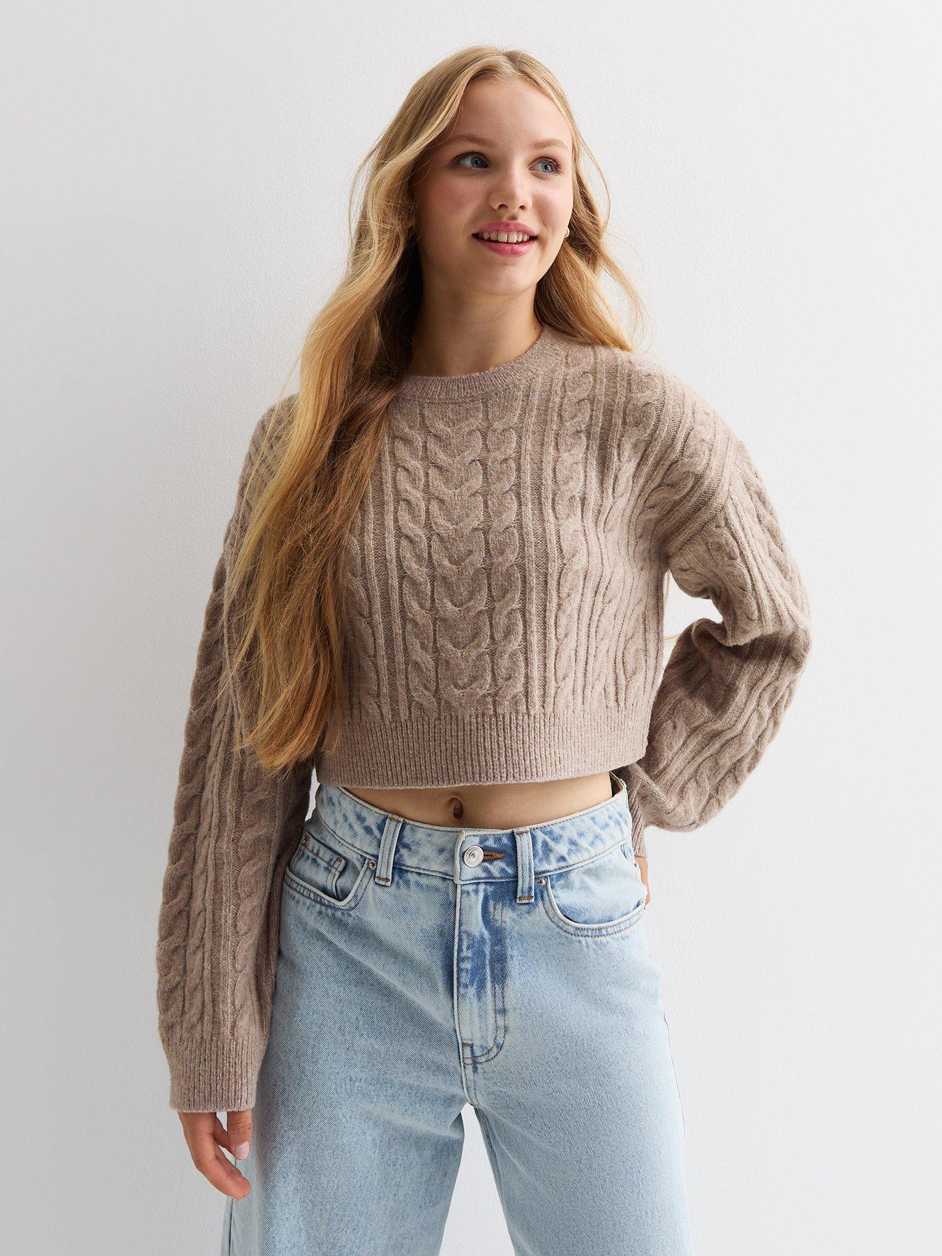 undefined Girls Cable Knit Crop Jumper - Light Brown