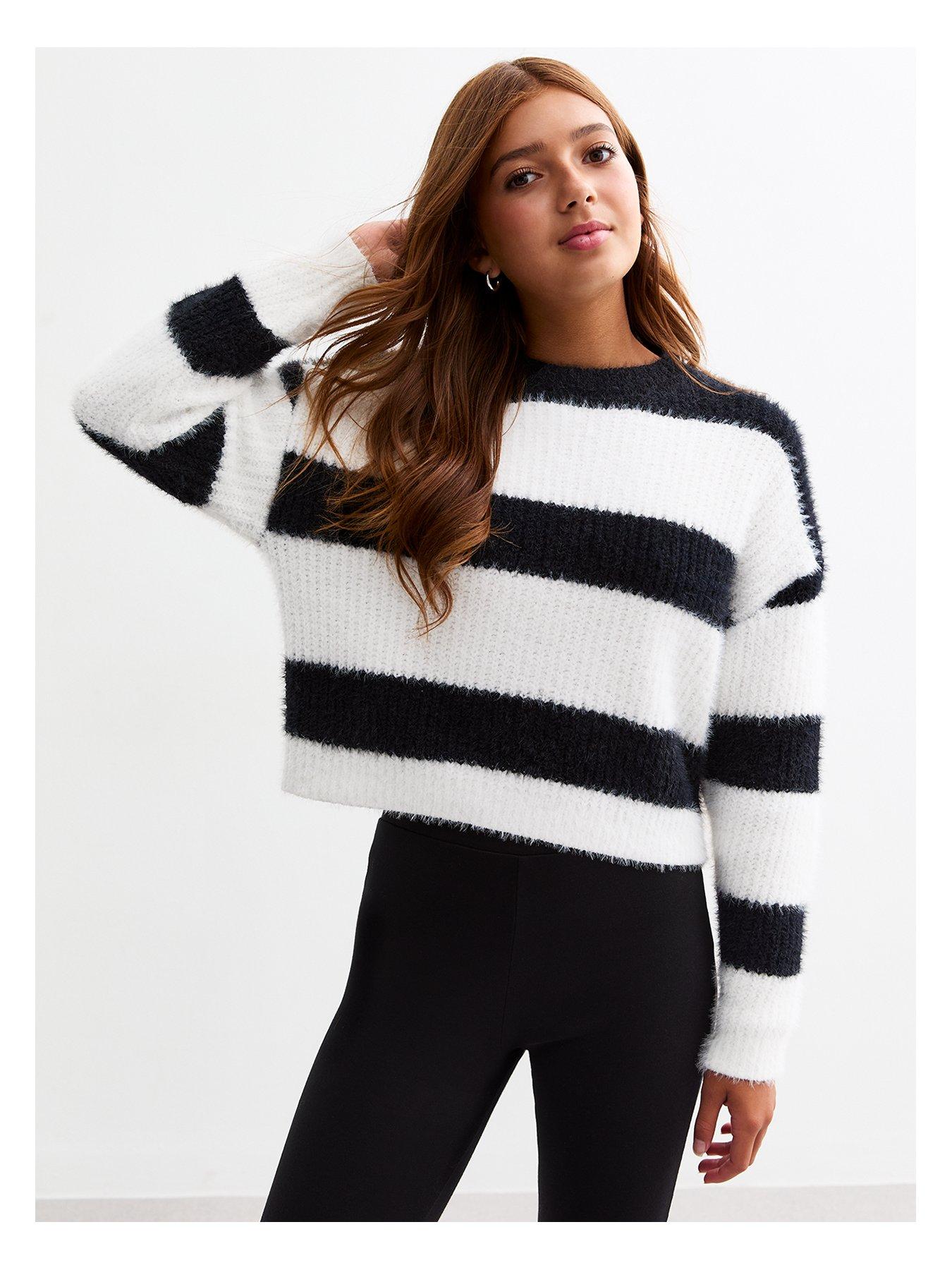 New Look 915 Girls Black Fluffy Striped Jumper littlewoods