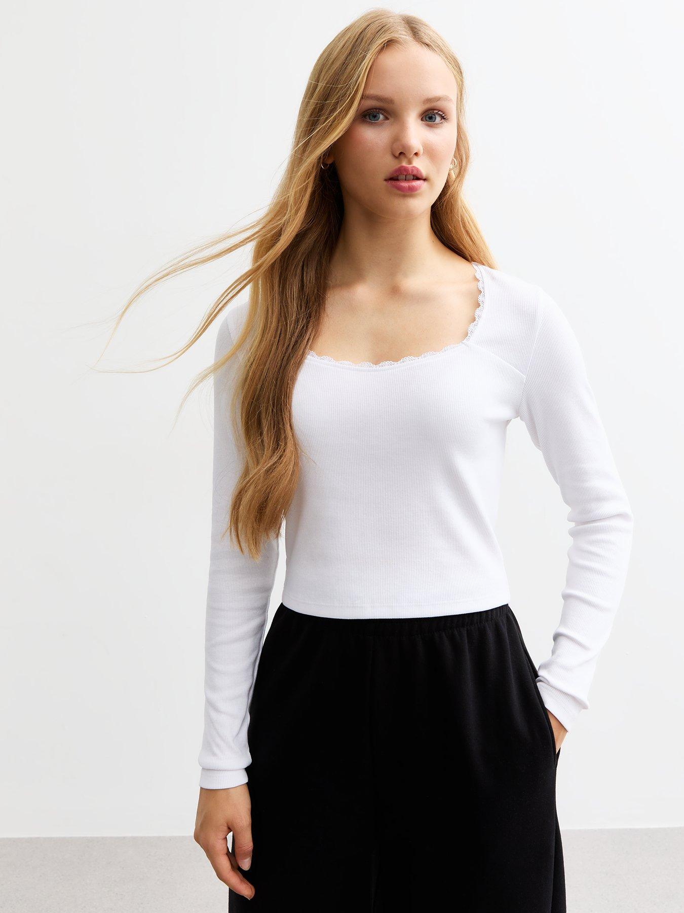 undefined Girls Scoop Neck Ribbed Jersey Top - White