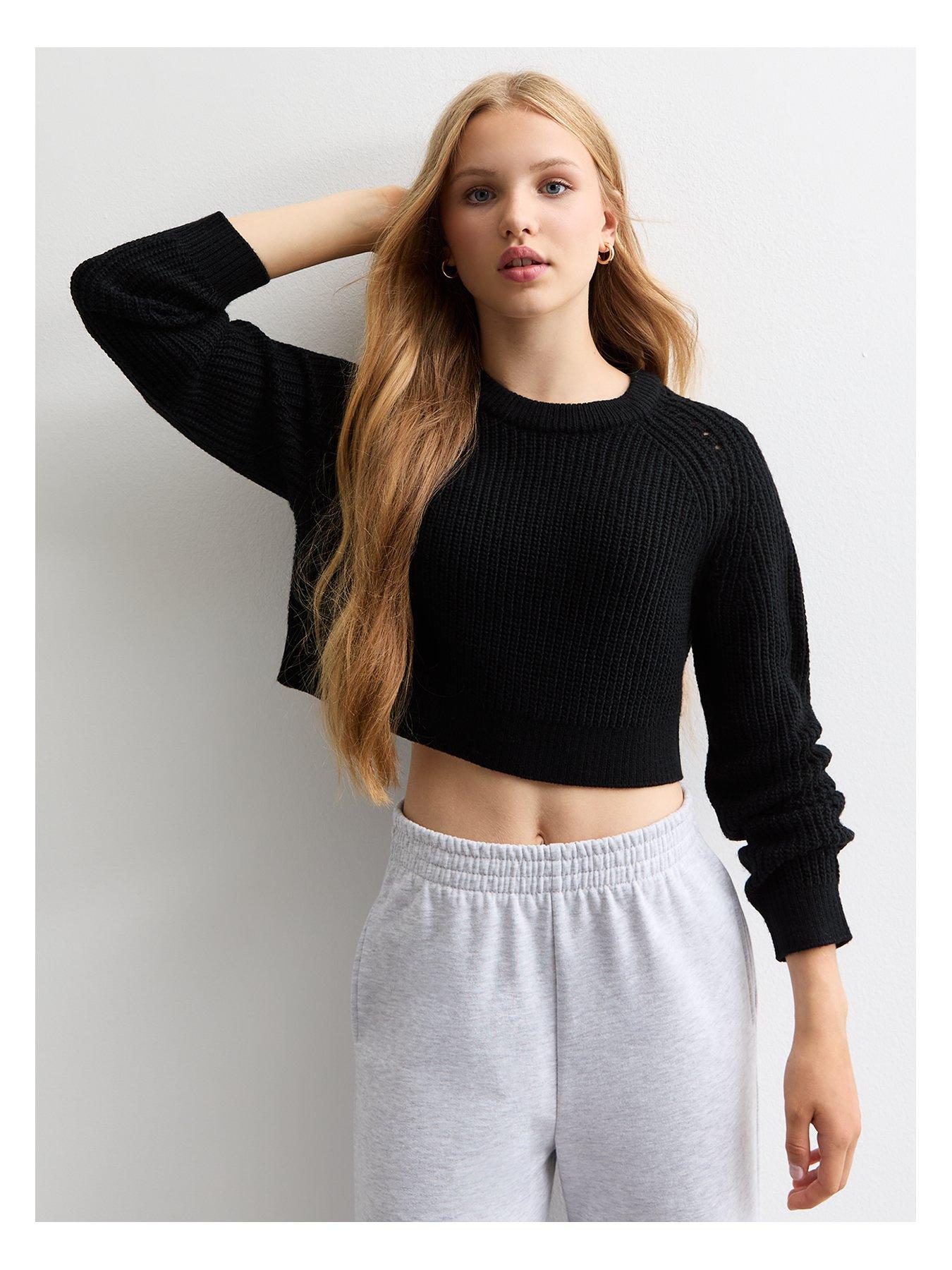 Girls Hole Detail Crew Neck Crop Jumper Black