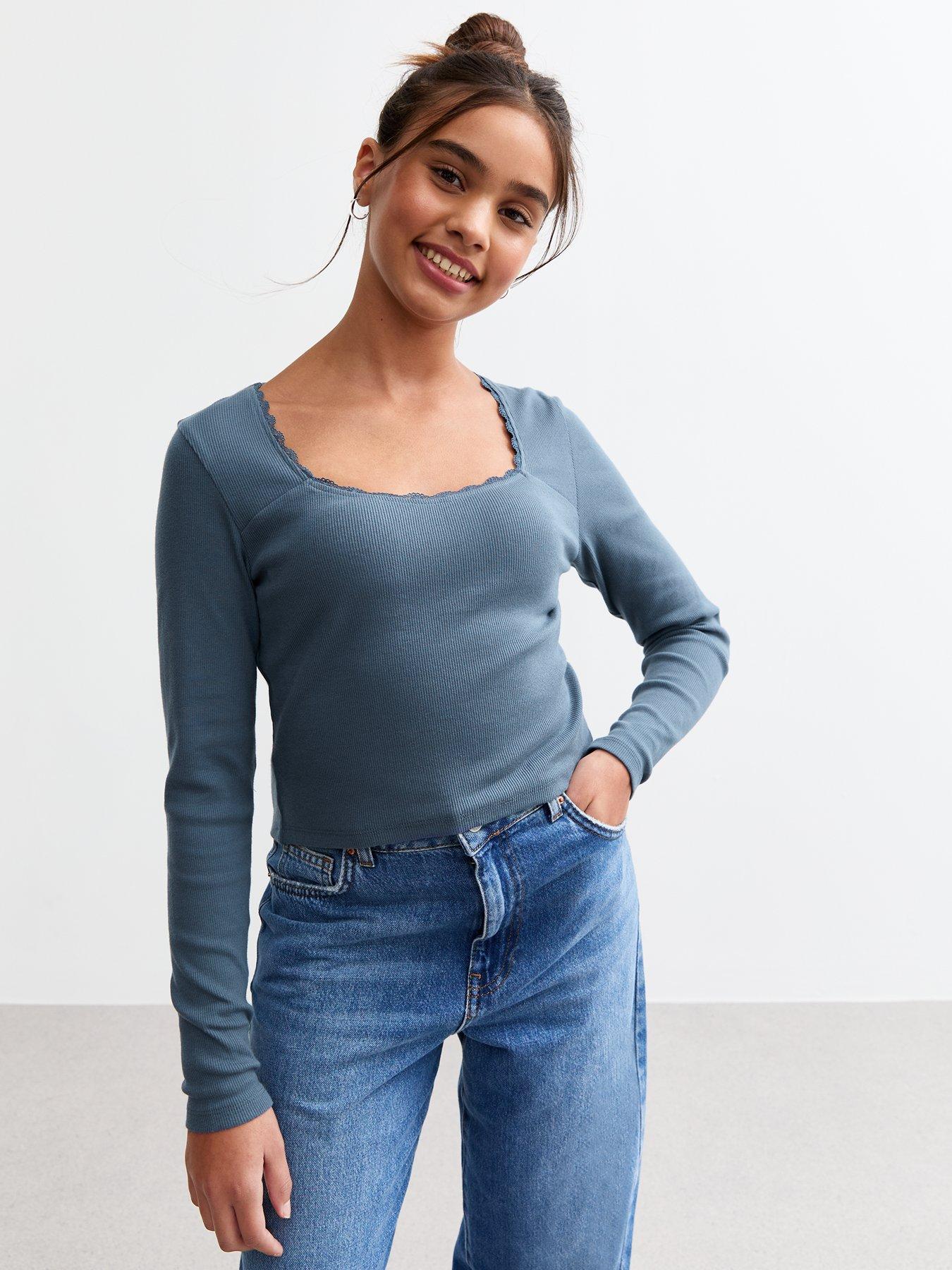 undefined Girls Scoop Neck Ribbed Jersey Top - Blue
