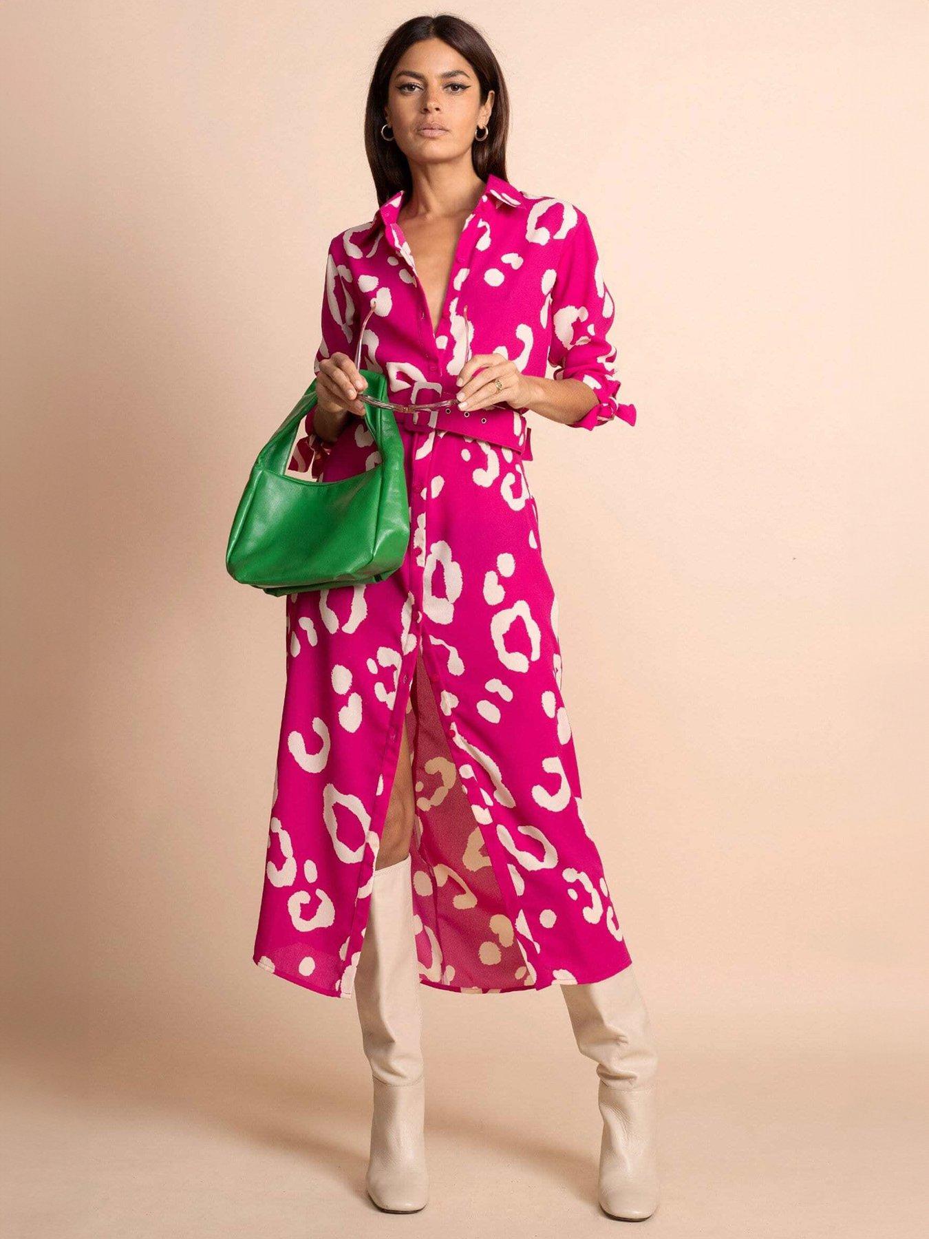 undefined Leopard Print Shirt Midi Dress - Pink