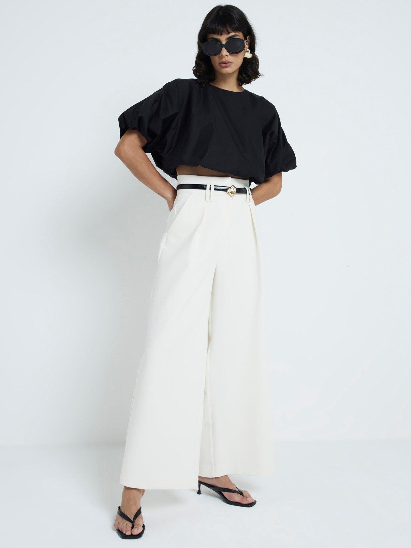 undefined High Waist Wide Leg Trouser - Cream