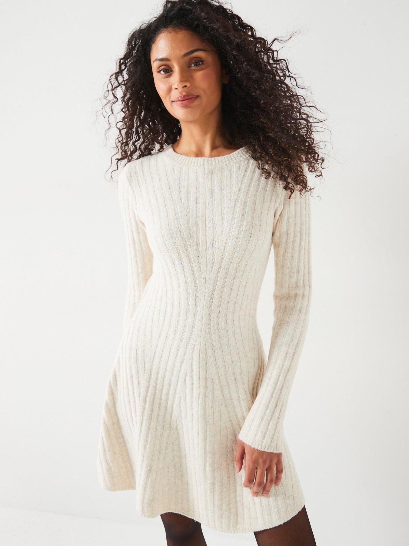 undefined Crew Neck Fit  &  Flare Mini Dress - Natural