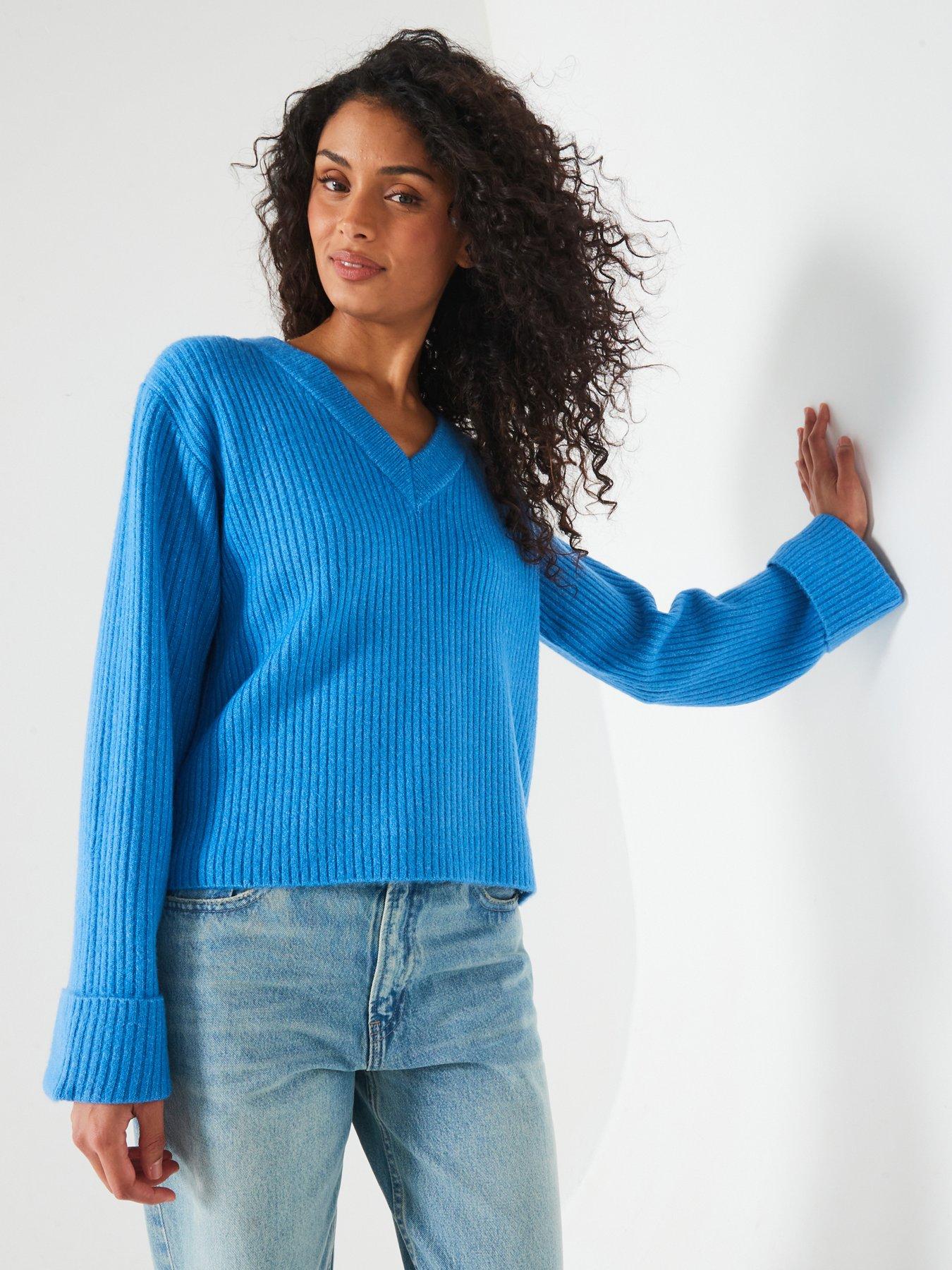  image of v-by-very-v-neck-turn-up-sleeve-jumper-blue