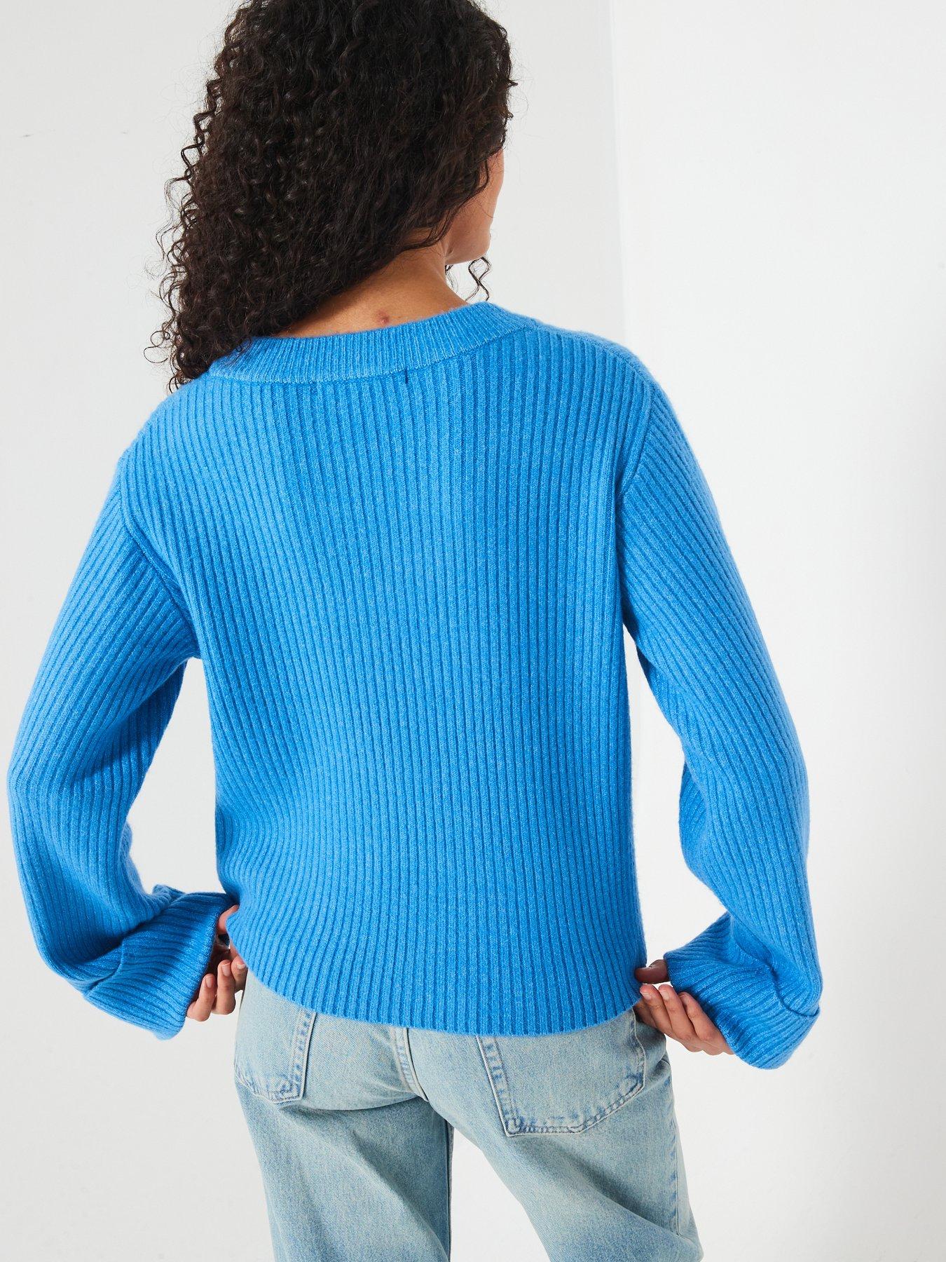  image of v-by-very-v-neck-turn-up-sleeve-jumper-blue