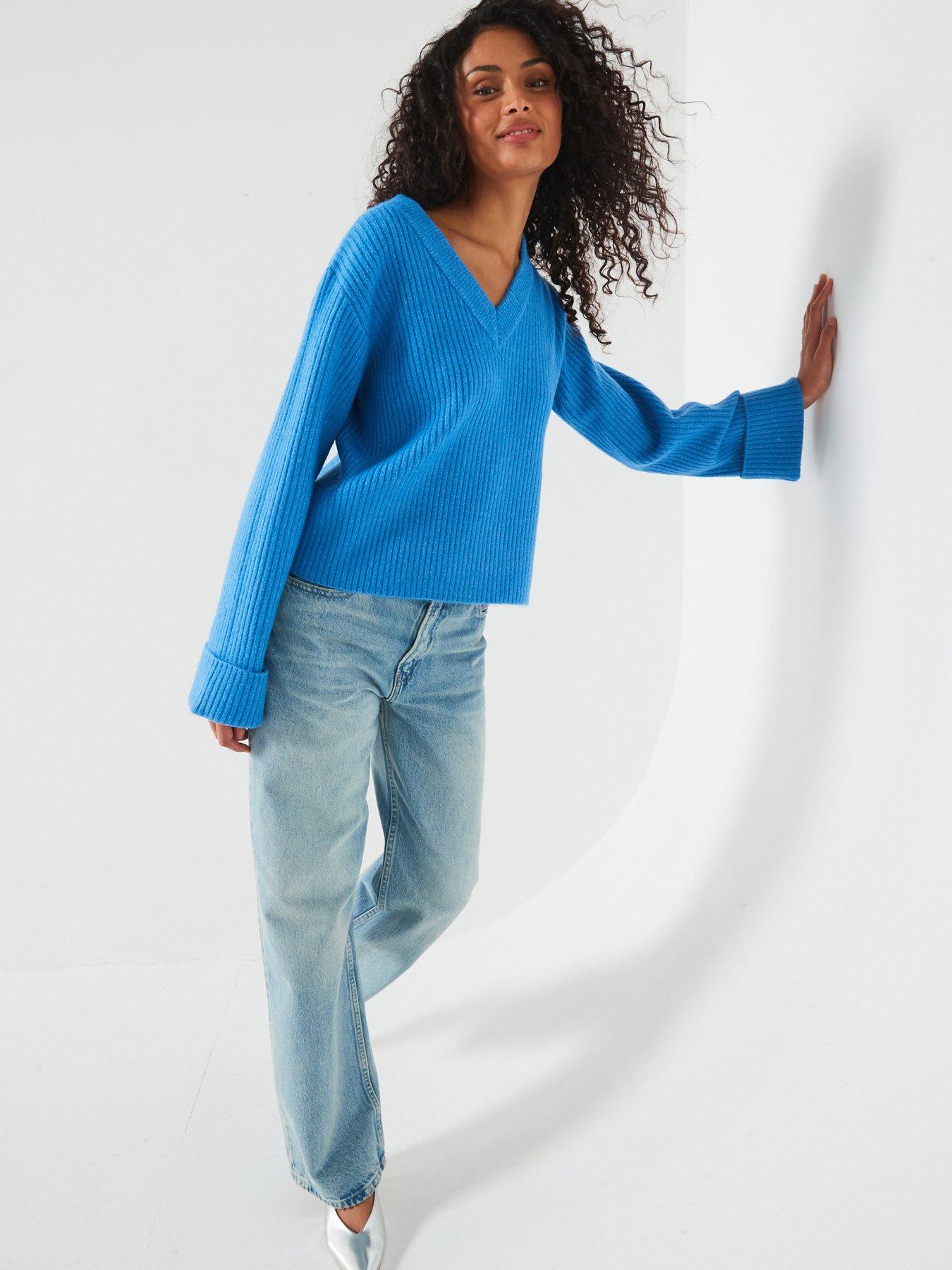  image of v-by-very-v-neck-turn-up-sleeve-jumper-blue