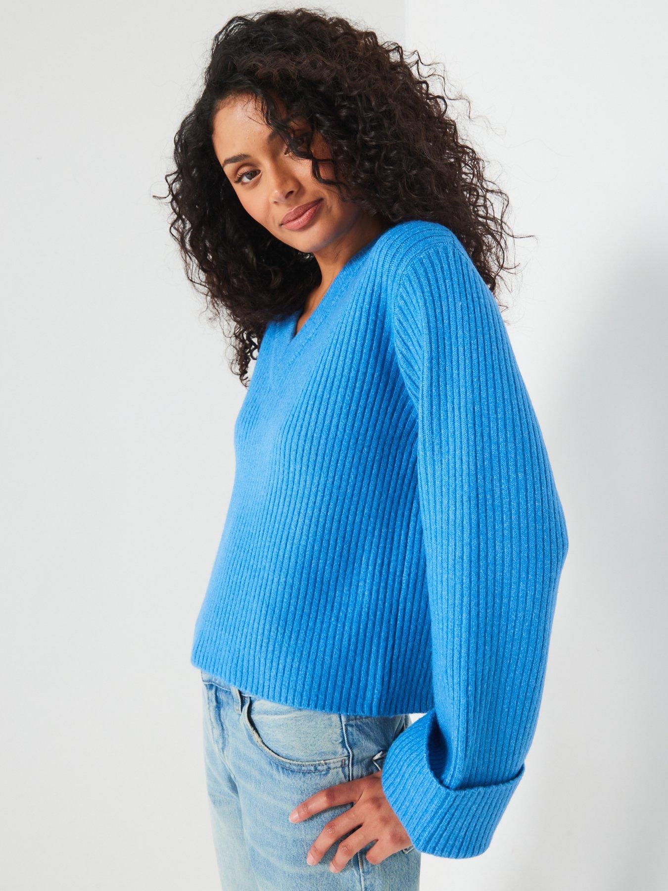  image of v-by-very-v-neck-turn-up-sleeve-jumper-blue