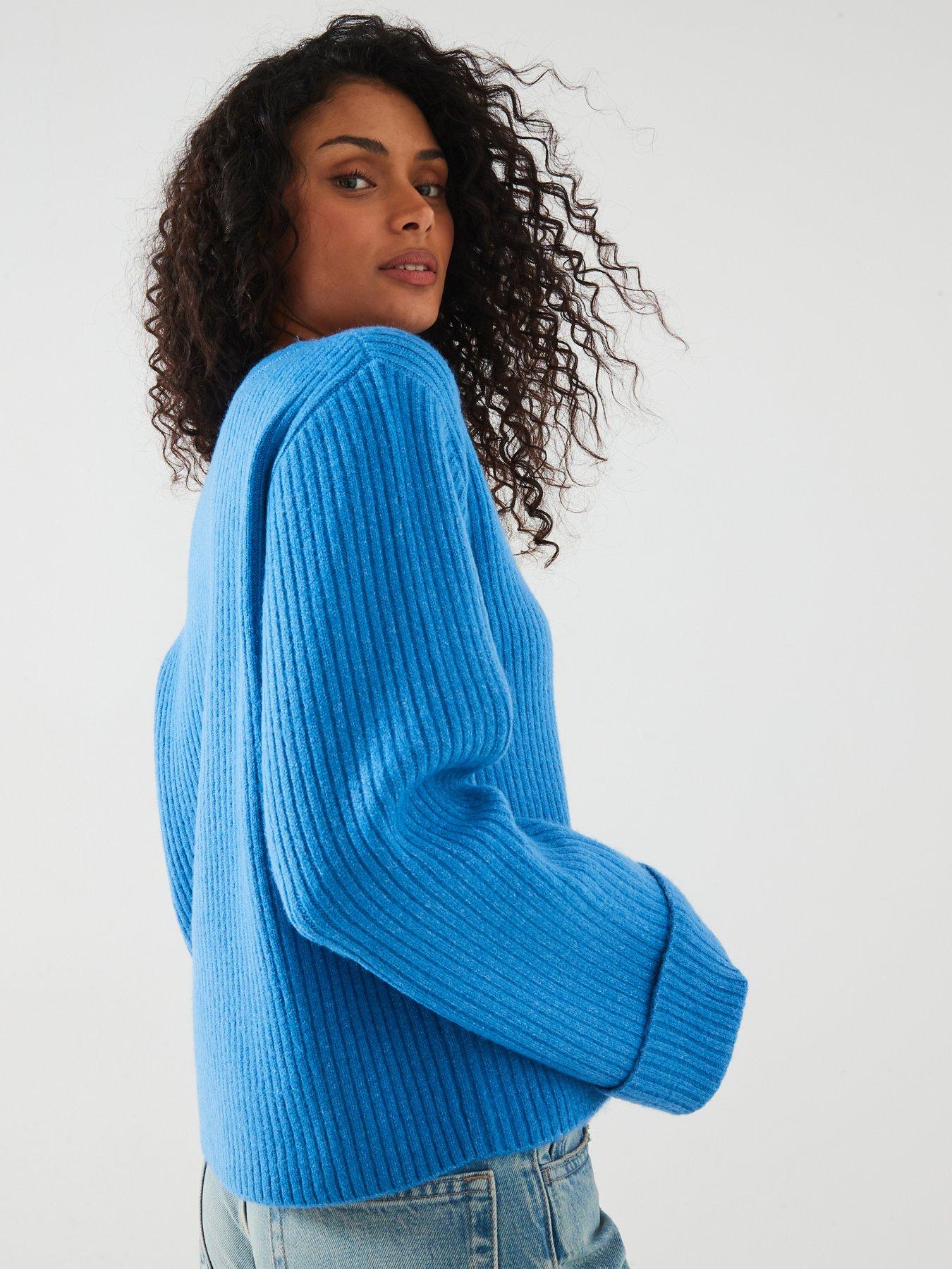  image of v-by-very-v-neck-turn-up-sleeve-jumper-blue