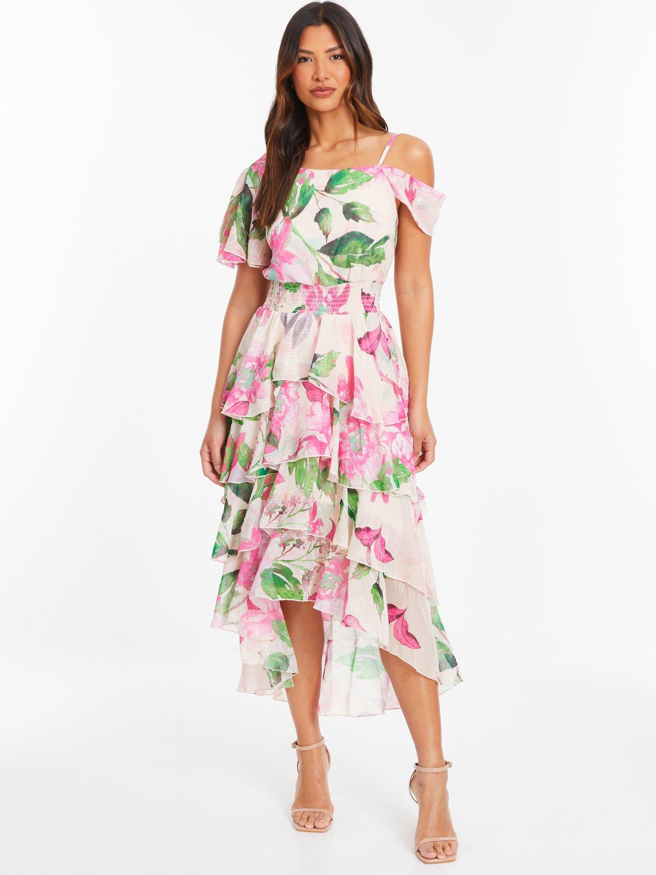 Nude Floral Cold Shoulder Tiered Midi Dress