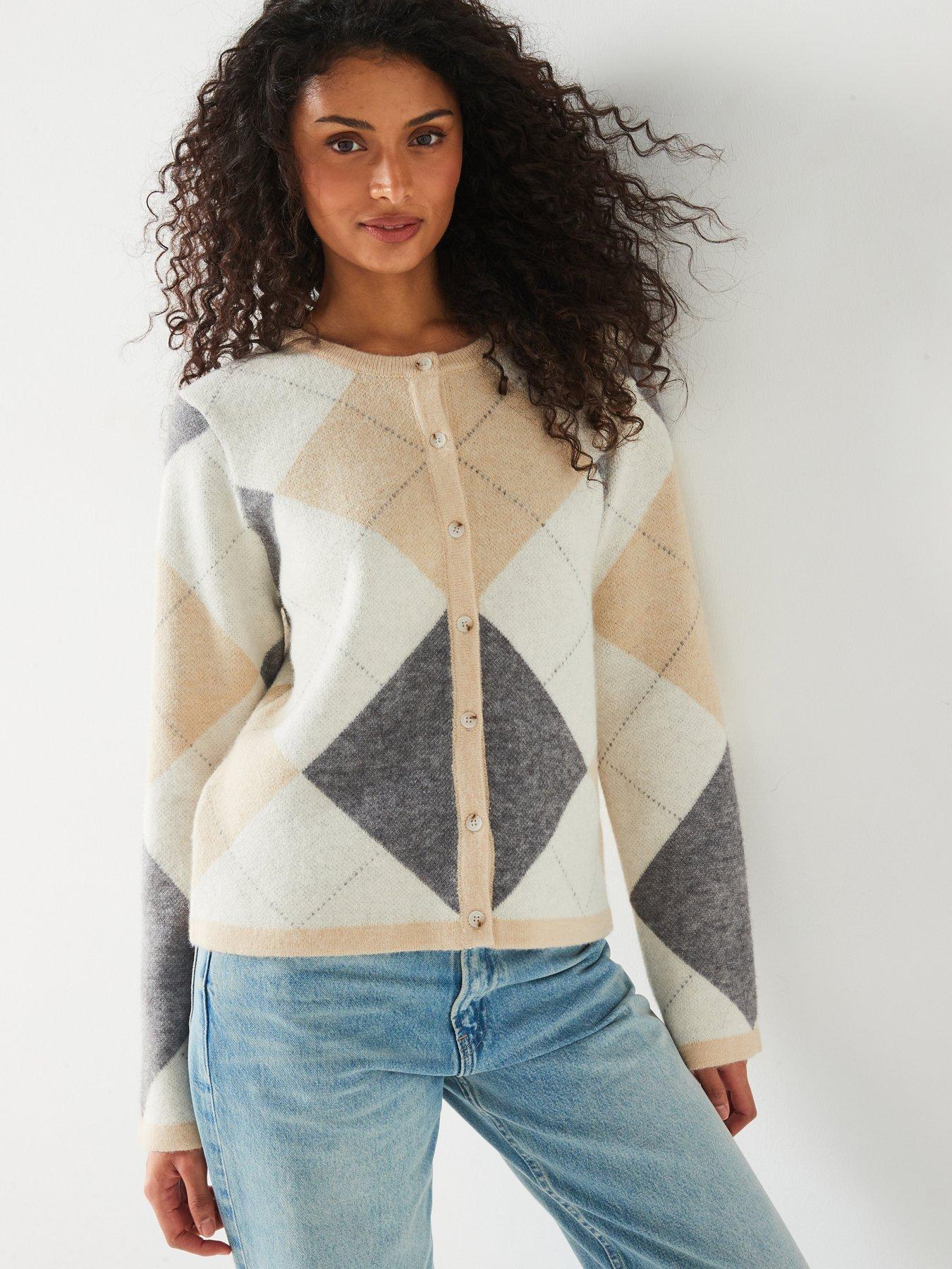 undefined Crew Neck Argyle Cardigan - Grey