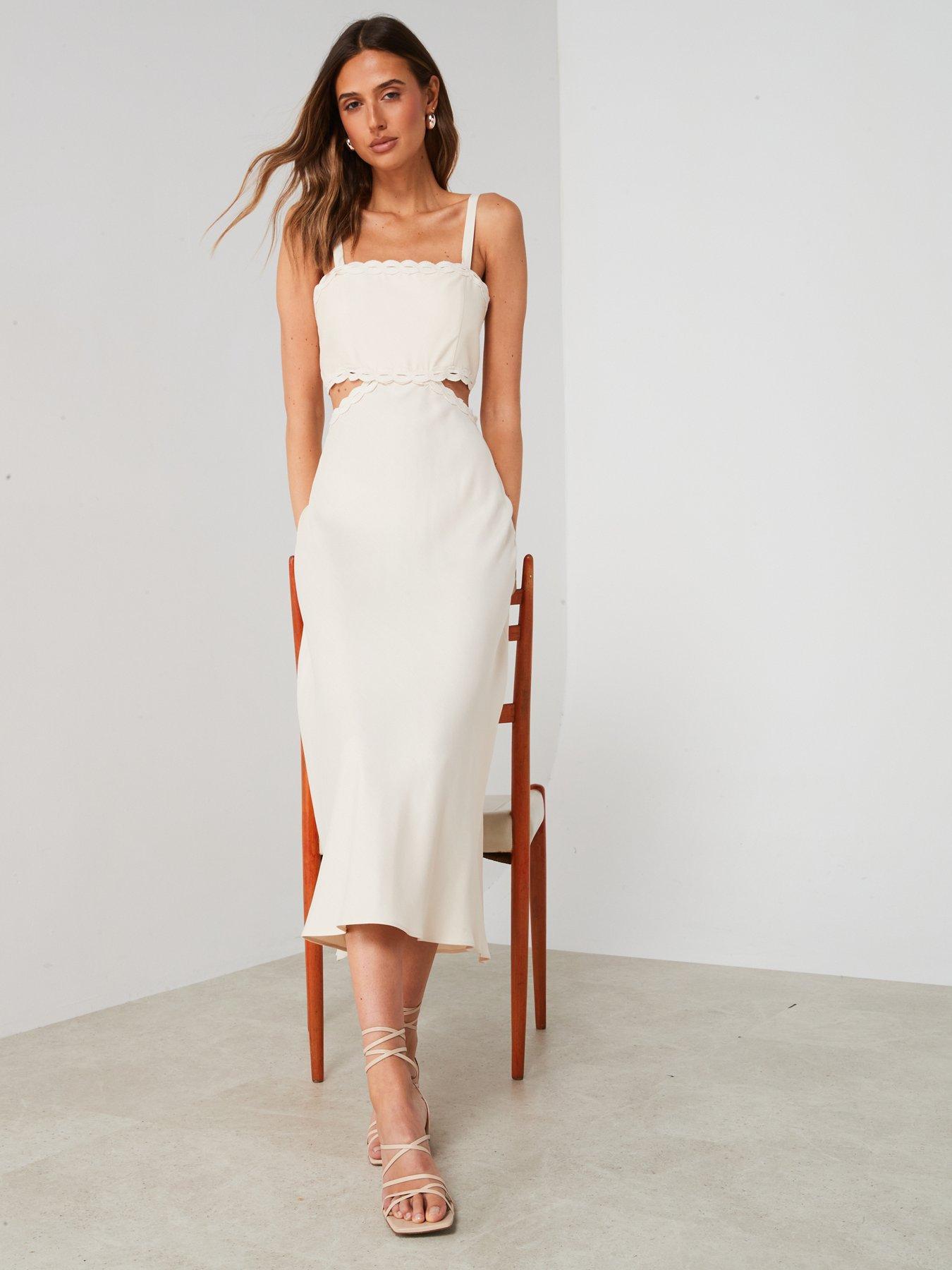 Mango Cream Scalloped Edge Cut Out Midi Dress | Littlewoods