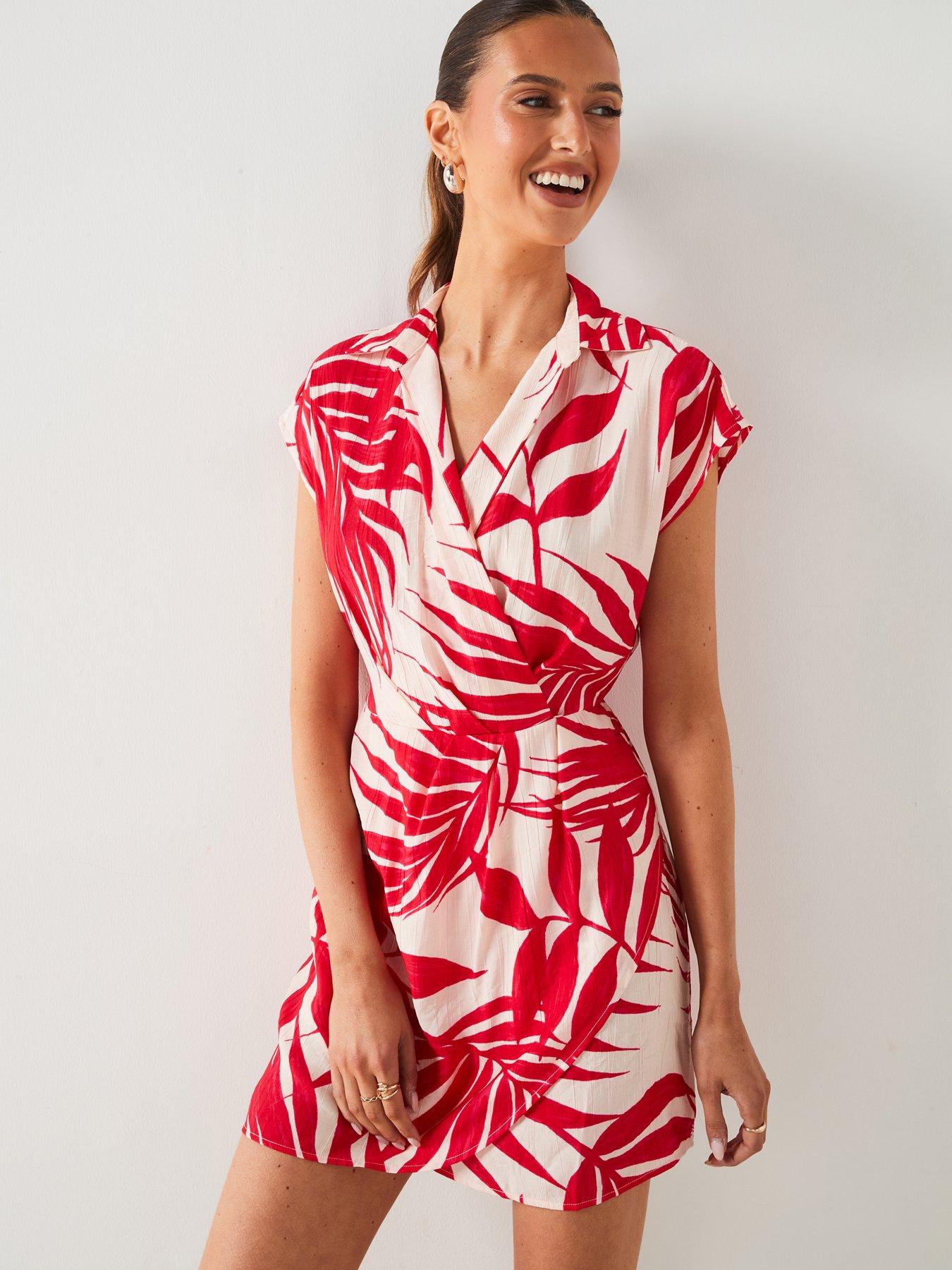 undefined Red Leaf Print Wrap Mini Dress