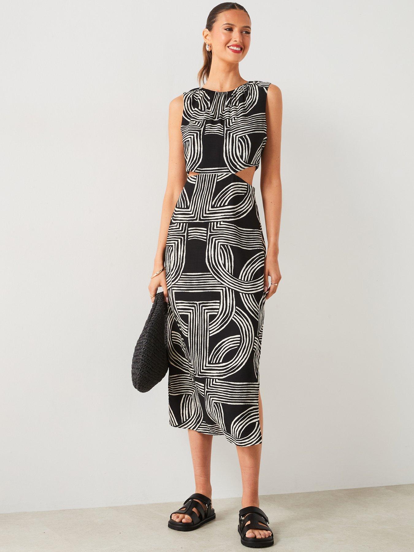 undefined Mono Printed Sleeveless Midi Dress