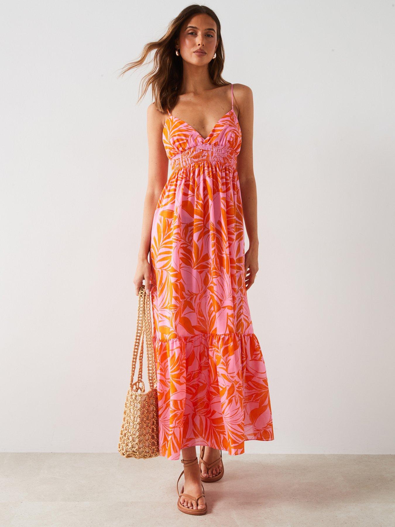 undefined Orange And Pink Leaf Print Midi Dress