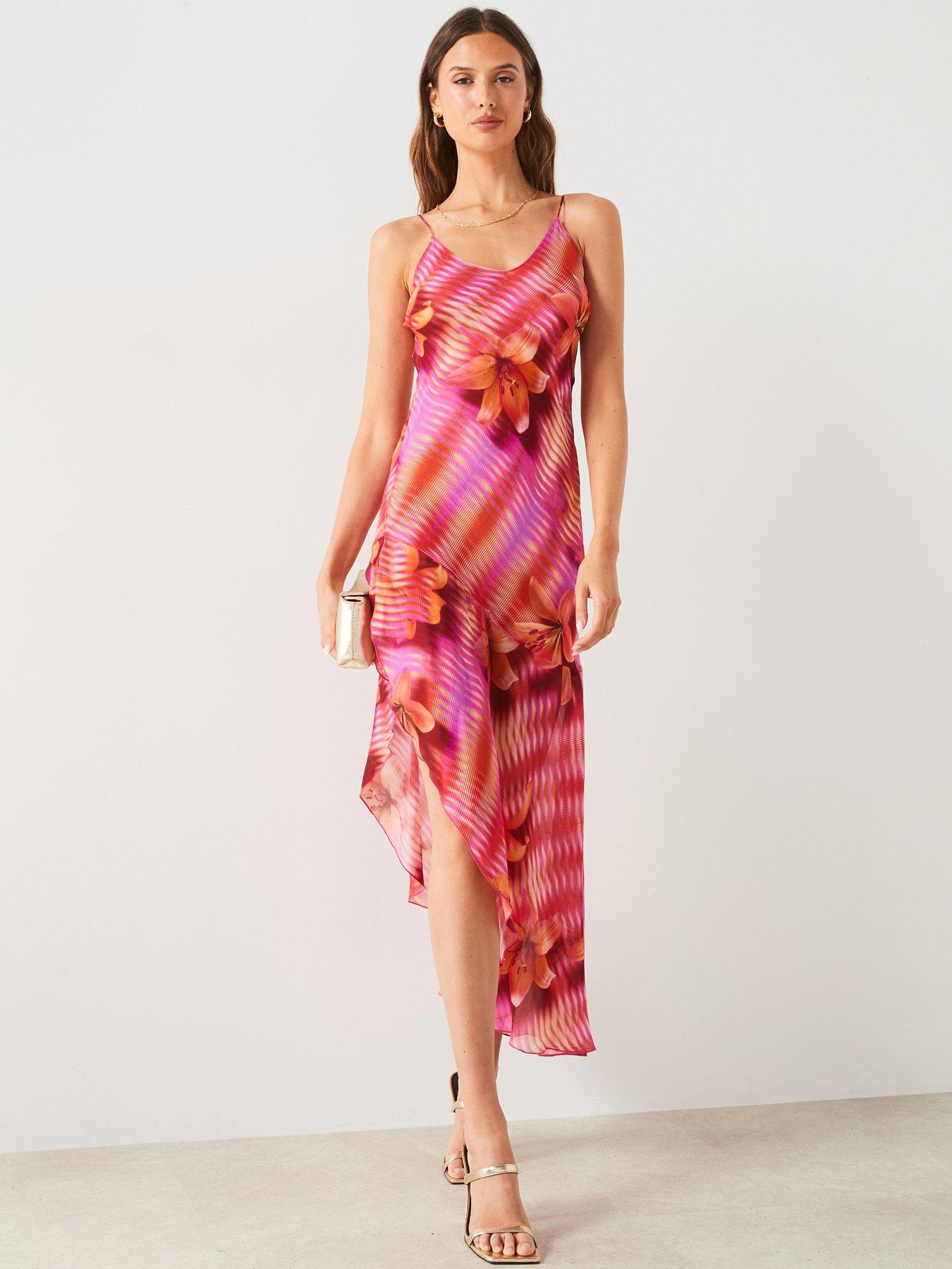 undefined Pink All Over Print Strappy Midi Dress