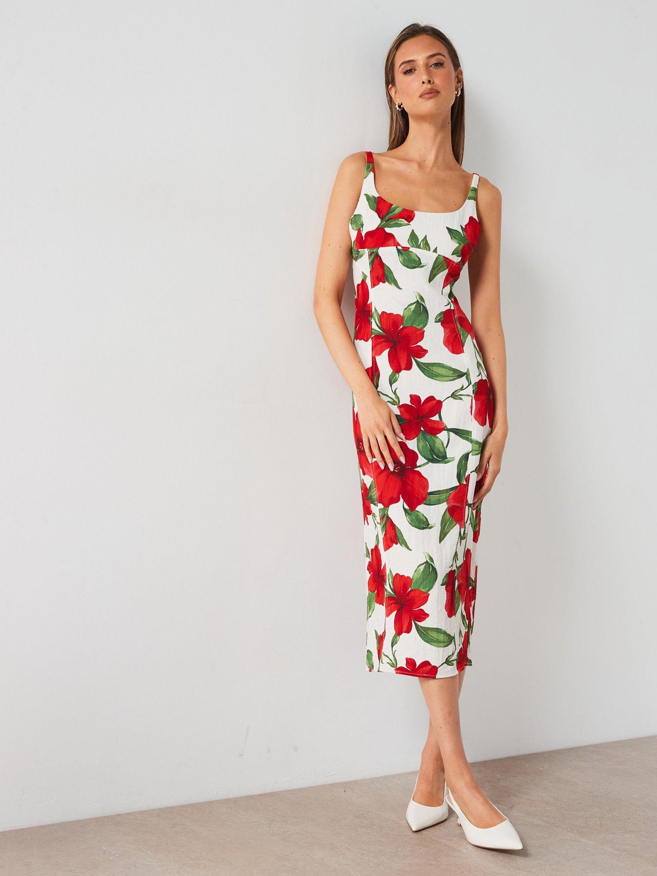 undefined Floral Print Tailored Midi Dress - Cream