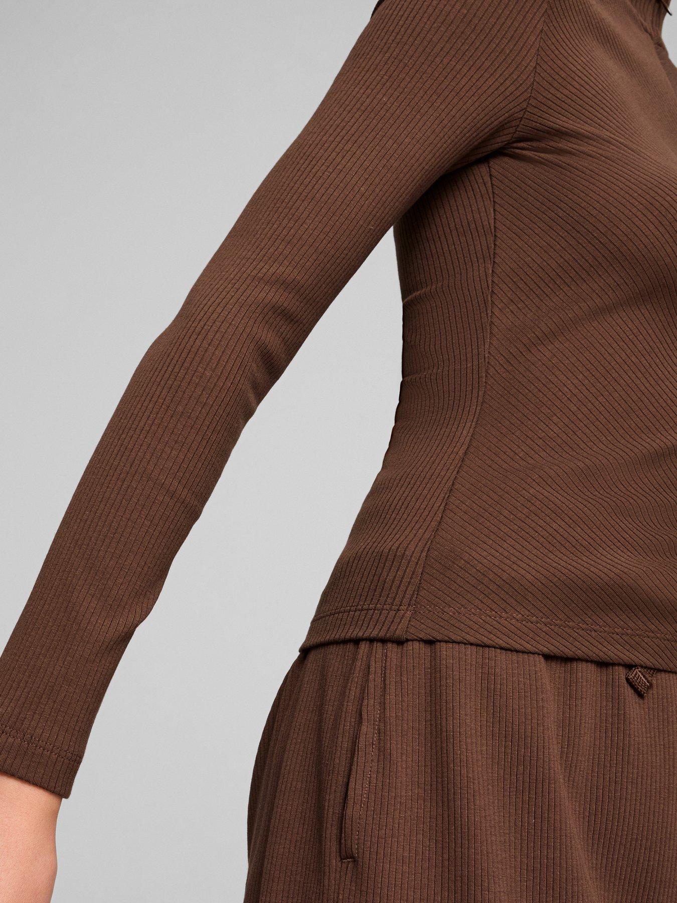 image of puma-womens-classics-ribbed-half-zip-long-sleeve-t-shirt-brown