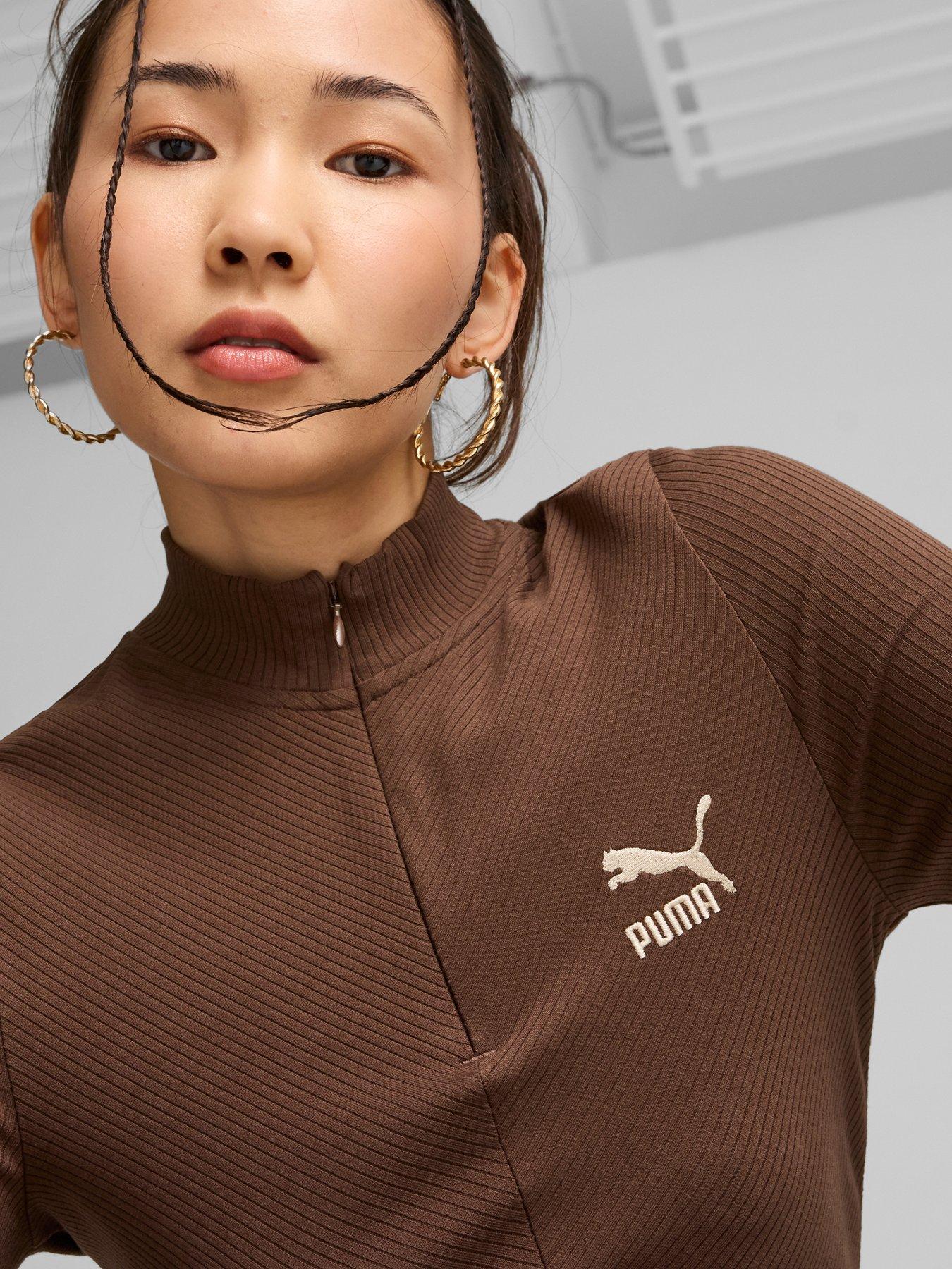  image of puma-womens-classics-ribbed-half-zip-long-sleeve-t-shirt-brown