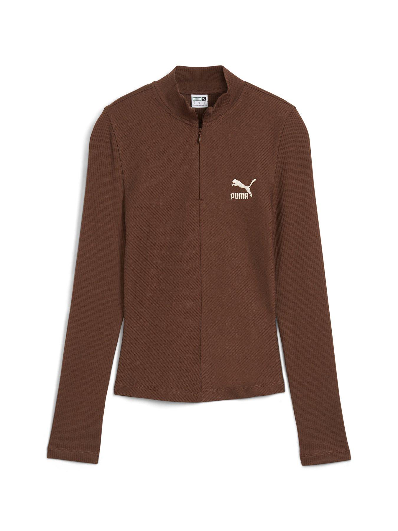  image of puma-womens-classics-ribbed-half-zip-long-sleeve-t-shirt-brown