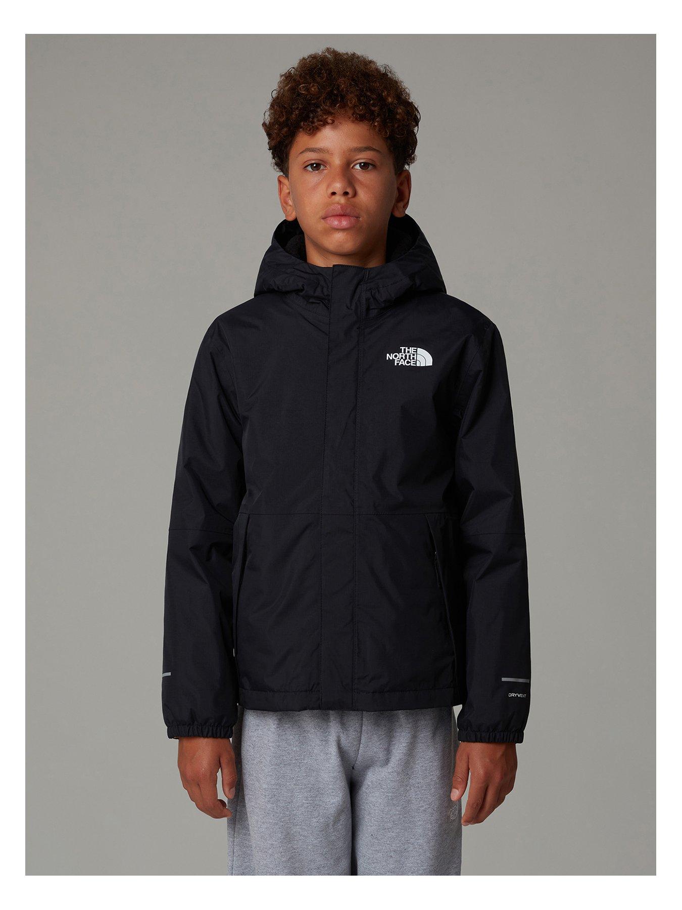 front image of the-north-face-junior-kids-warm-insulated-antora-rain-jacket-black