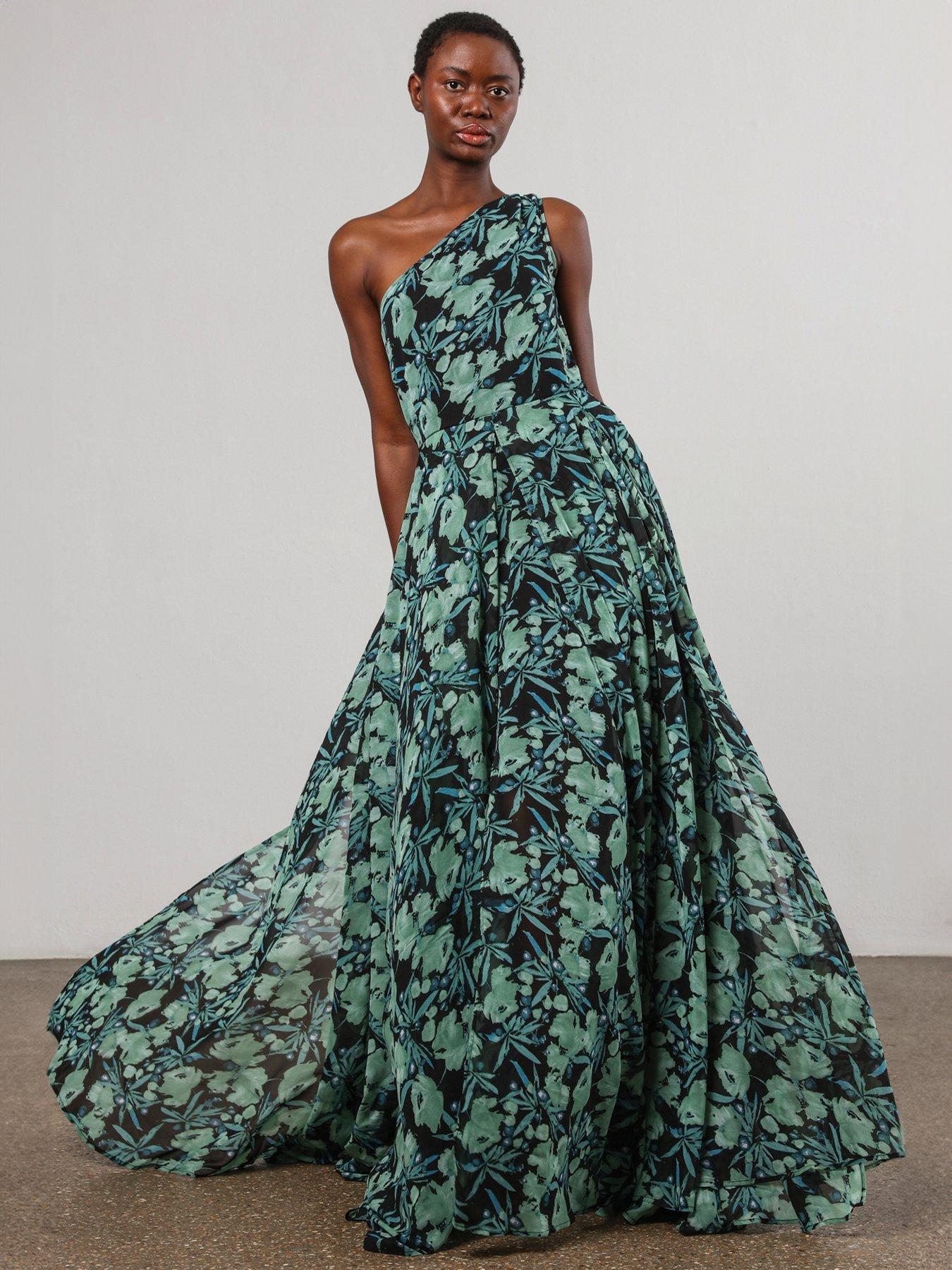 undefined One Shoulder Full Floaty Skirt Maxi Dress - Green