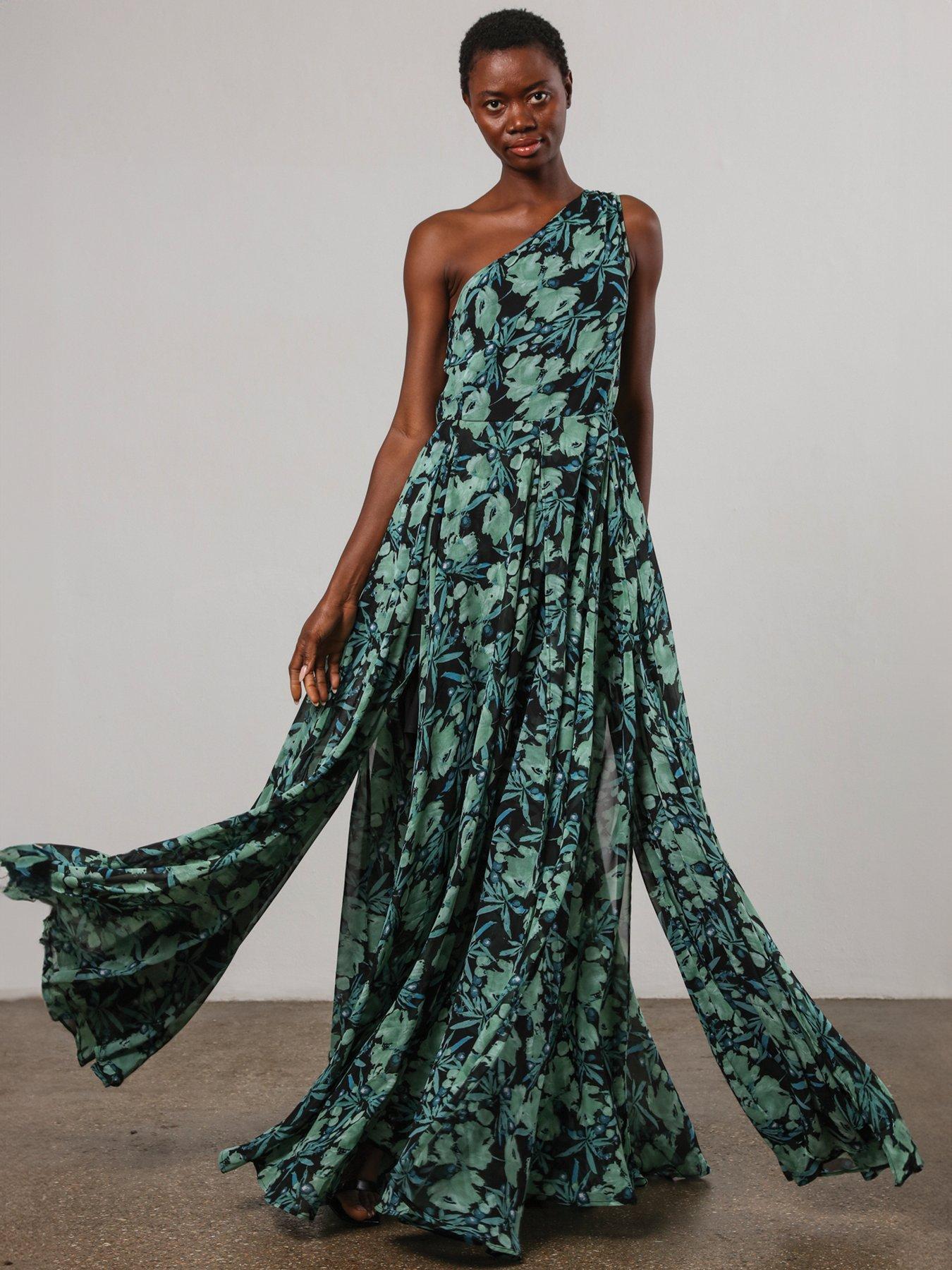  image of religion-one-shoulder-full-floaty-skirt-maxi-dress-green