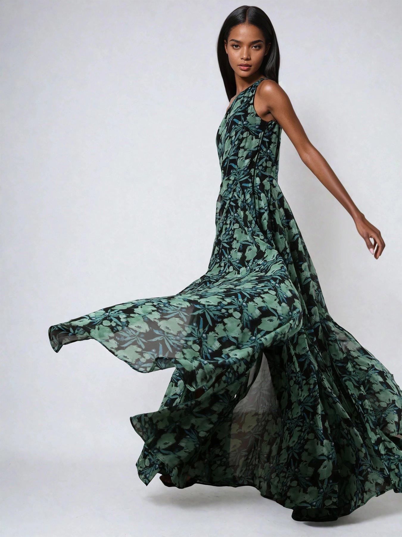 Religion One Shoulder Full Floaty Skirt Maxi Dress - Green | Littlewoods