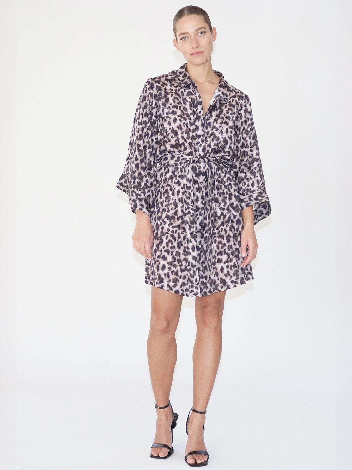 undefined Tunic Leopard Print Kimono Sleeve Shirt Dress - Brown