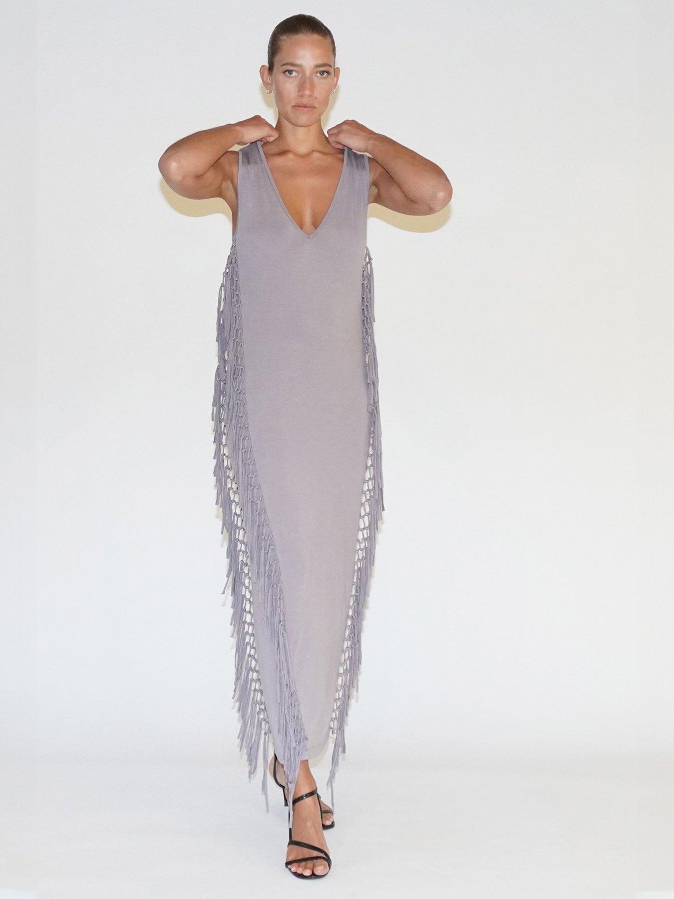  image of religion-flourish-jersey-tassel-maxi-dress-grey