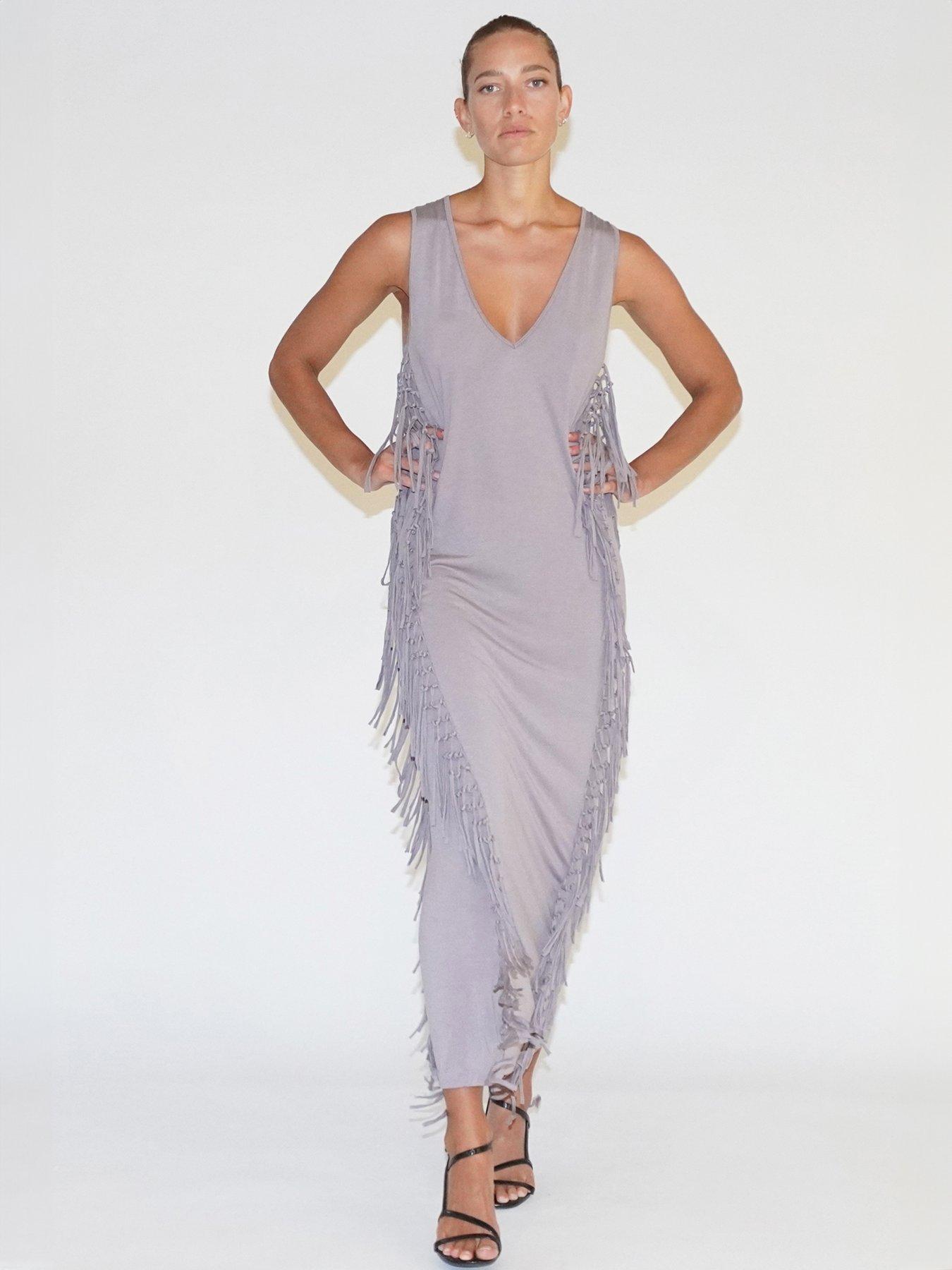  image of religion-flourish-jersey-tassel-maxi-dress-grey