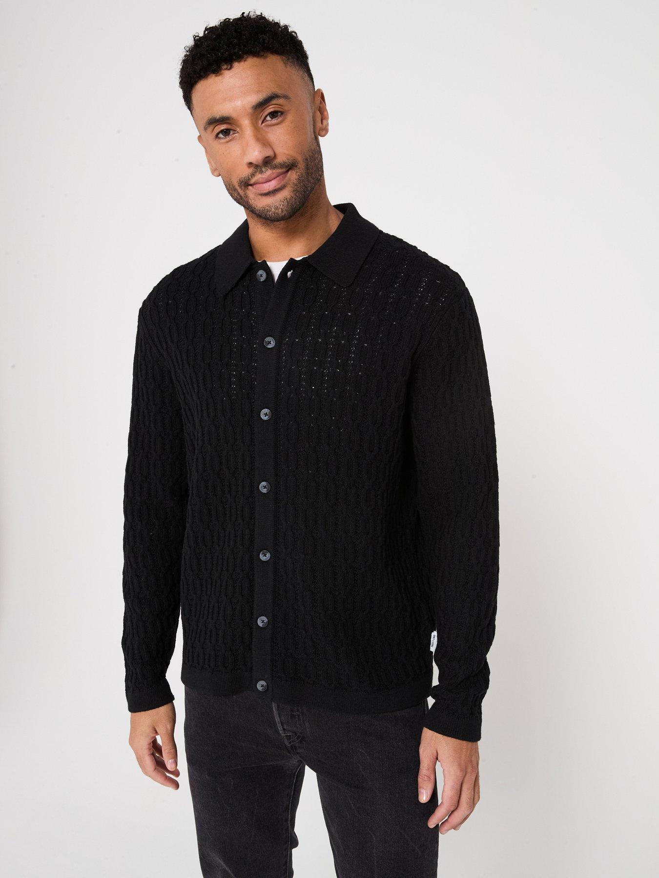 only-sons-long-sleeve-cable-texture-knitted-polo-shirt-black