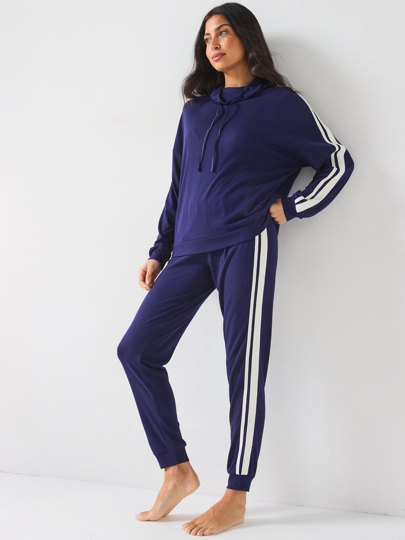 undefined Cowl Neck Contrast Loungewear Set - Navy
