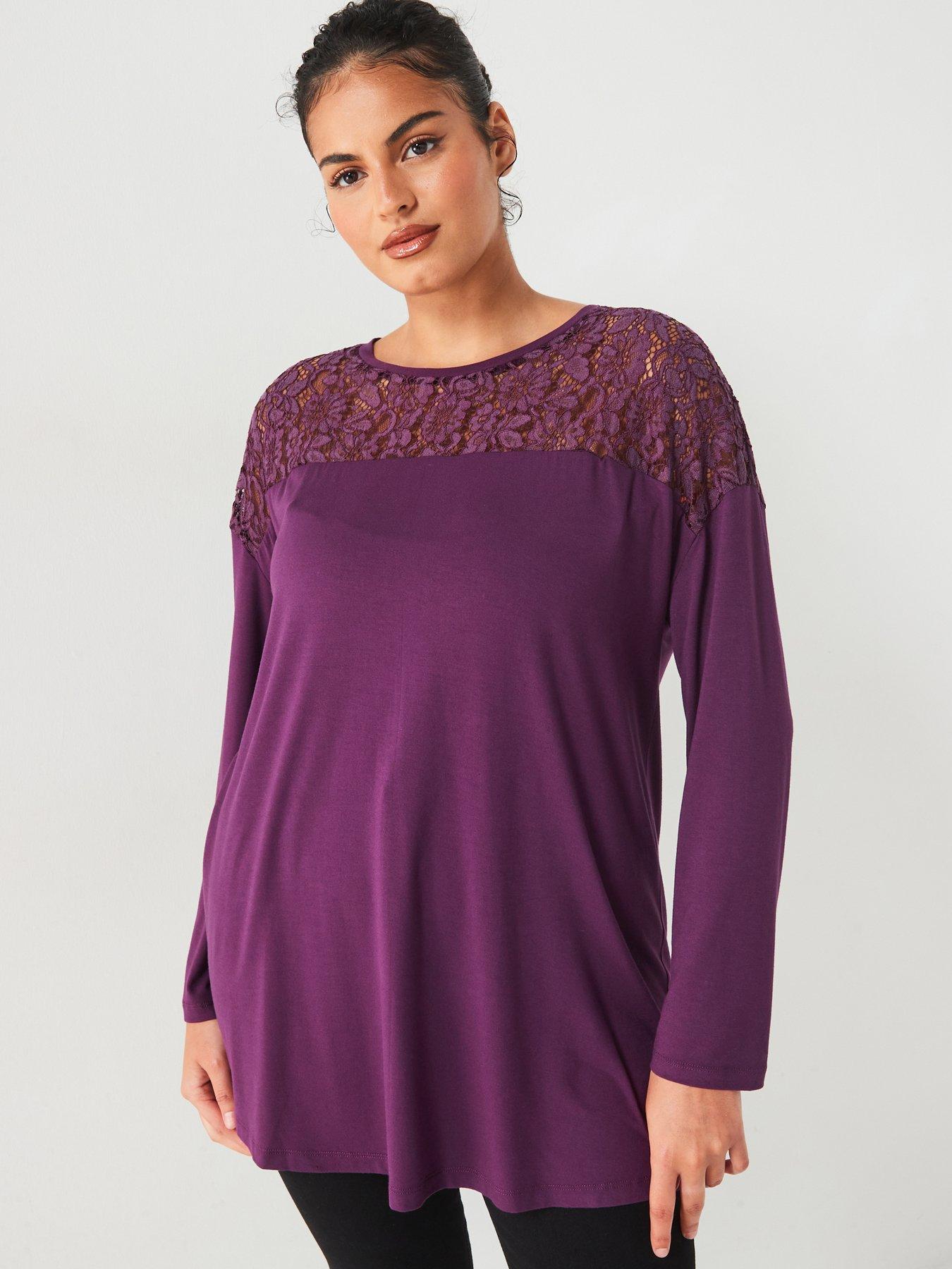 undefined Lace Yoke Long Sleeve Top - Purple