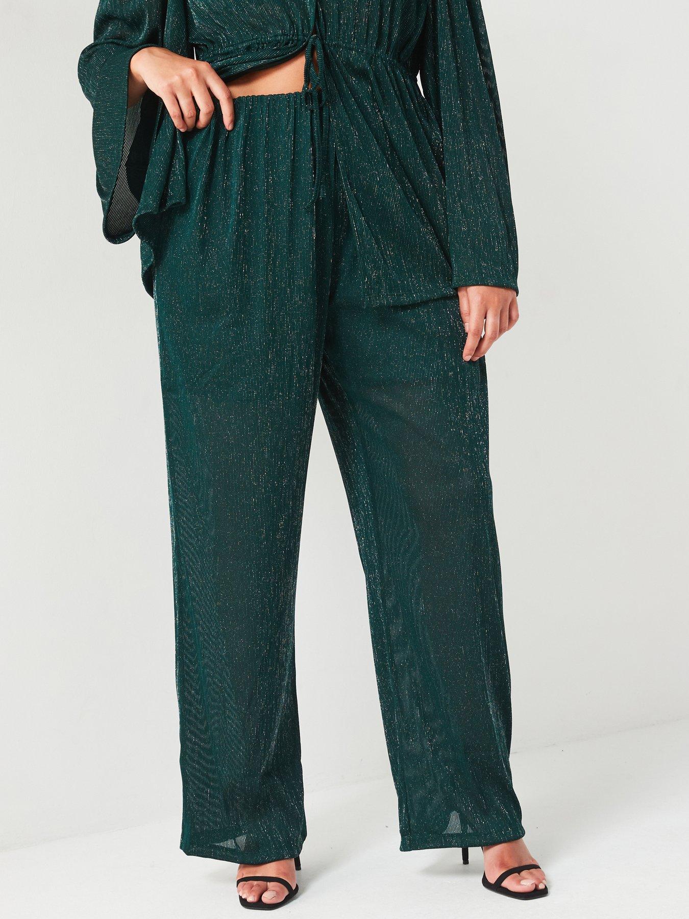 undefined Lurex Plisse Co-Ord Wide Leg Trouser - Green